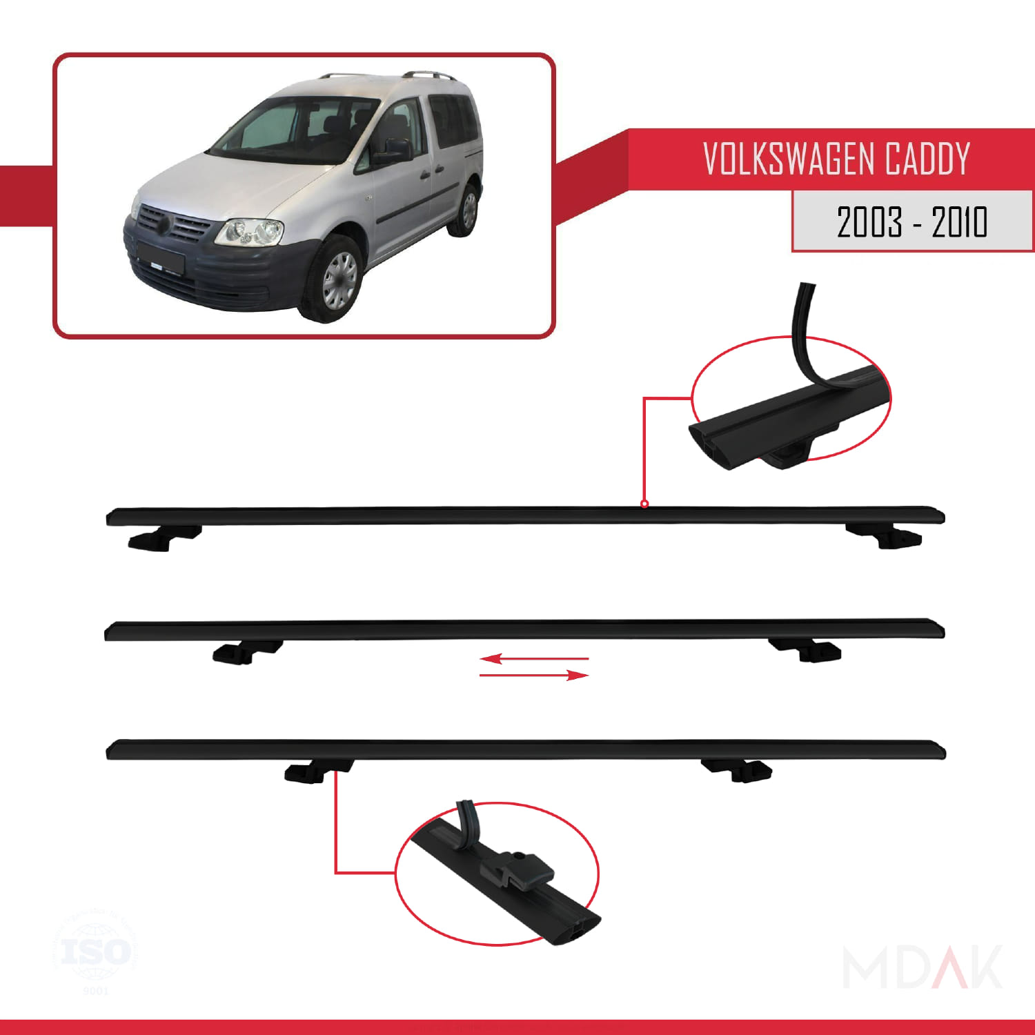 Volkswagen Caddy 3 (2K) 2003-2010 Arası ile Uyumlu BASIC Model Ara Atkı Tavan Barı Siyah 4 Adet - Görsel 4