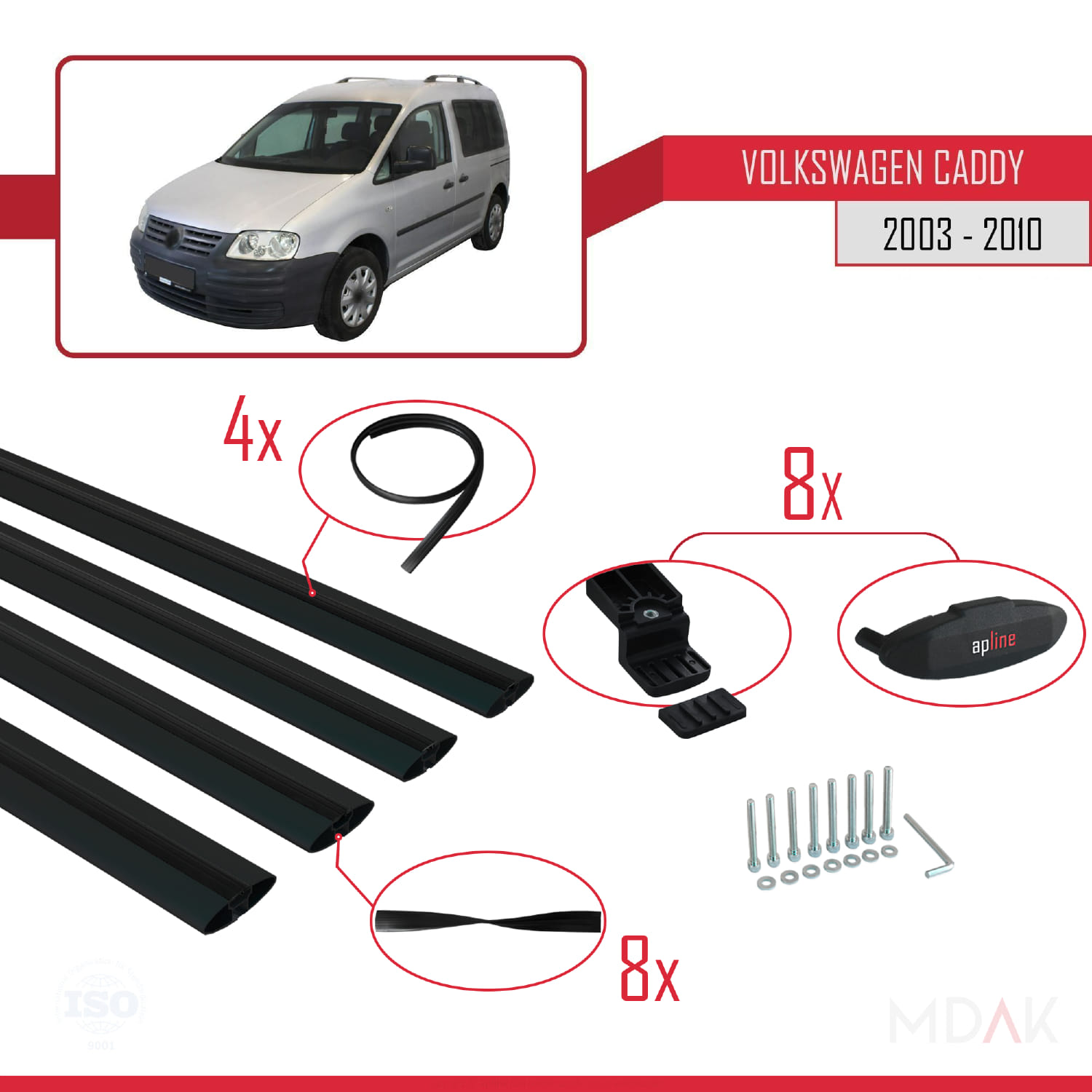 Volkswagen Caddy 3 (2K) 2003-2010 Arası ile Uyumlu BASIC Model Ara Atkı Tavan Barı Siyah 4 Adet - Görsel 5