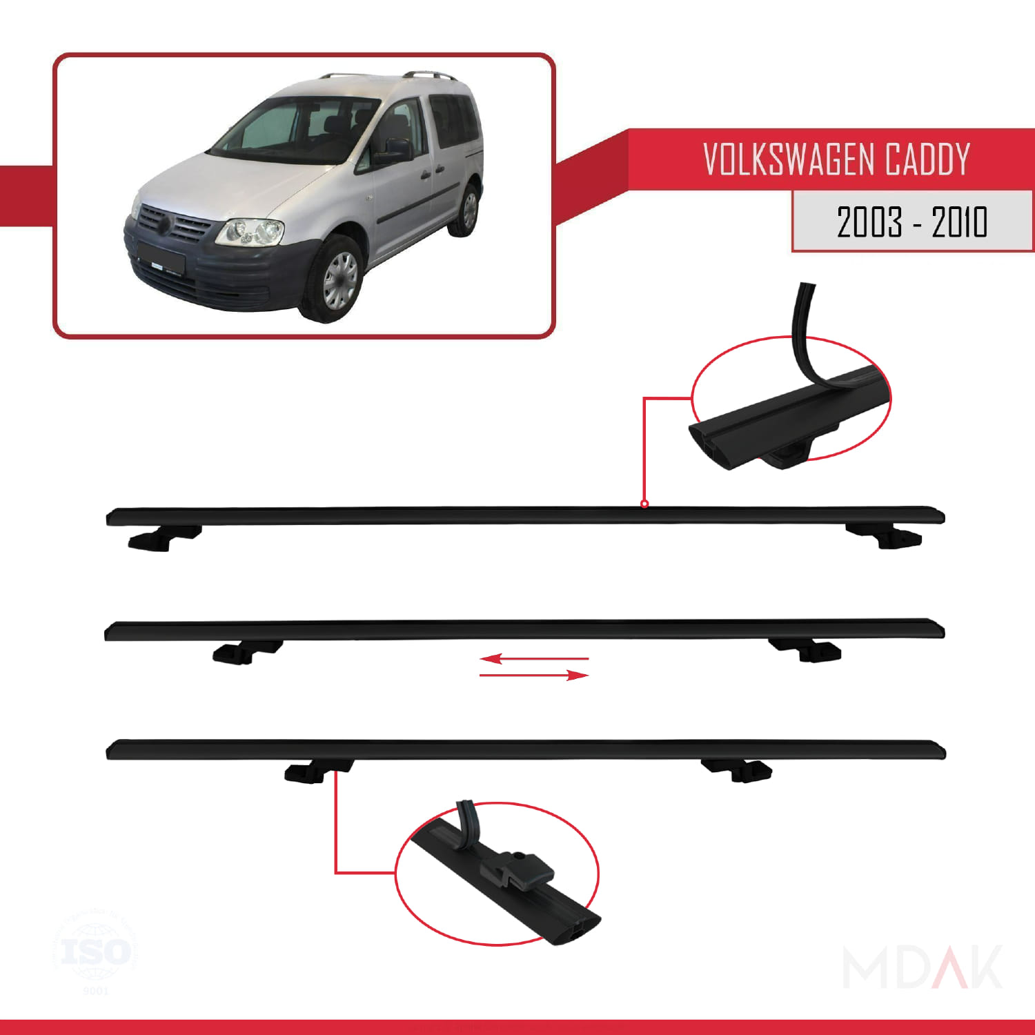 Volkswagen Caddy 3 (2K) 2003-2010 Arası ile Uyumlu BASIC Model Ara Atkı Tavan Barı Siyah 2 Adet - Görsel 5