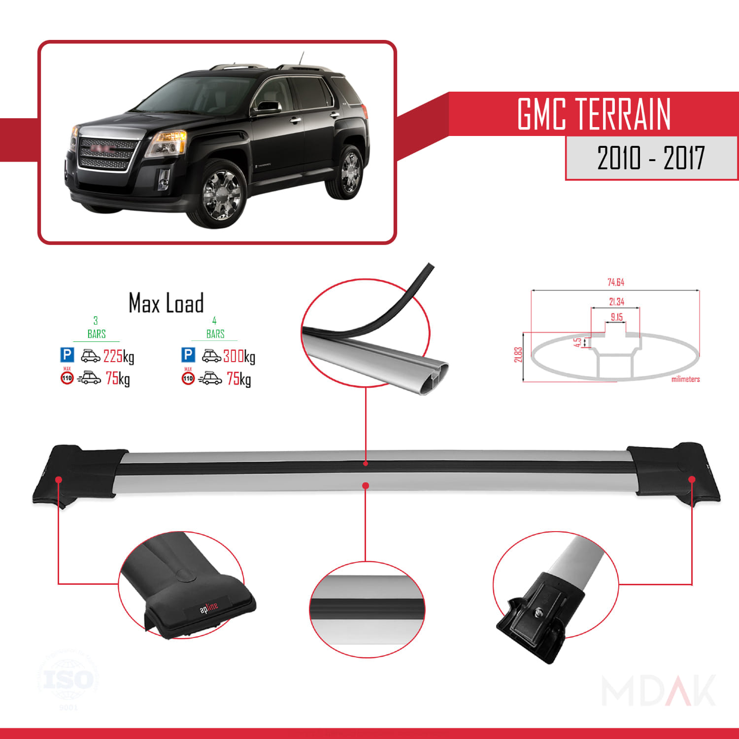 GMC Terrain 2010-2017 Arası ile Uyumlu FLY Model Ara Atkı Tavan Barı Gri 3 Adet - Görsel 3