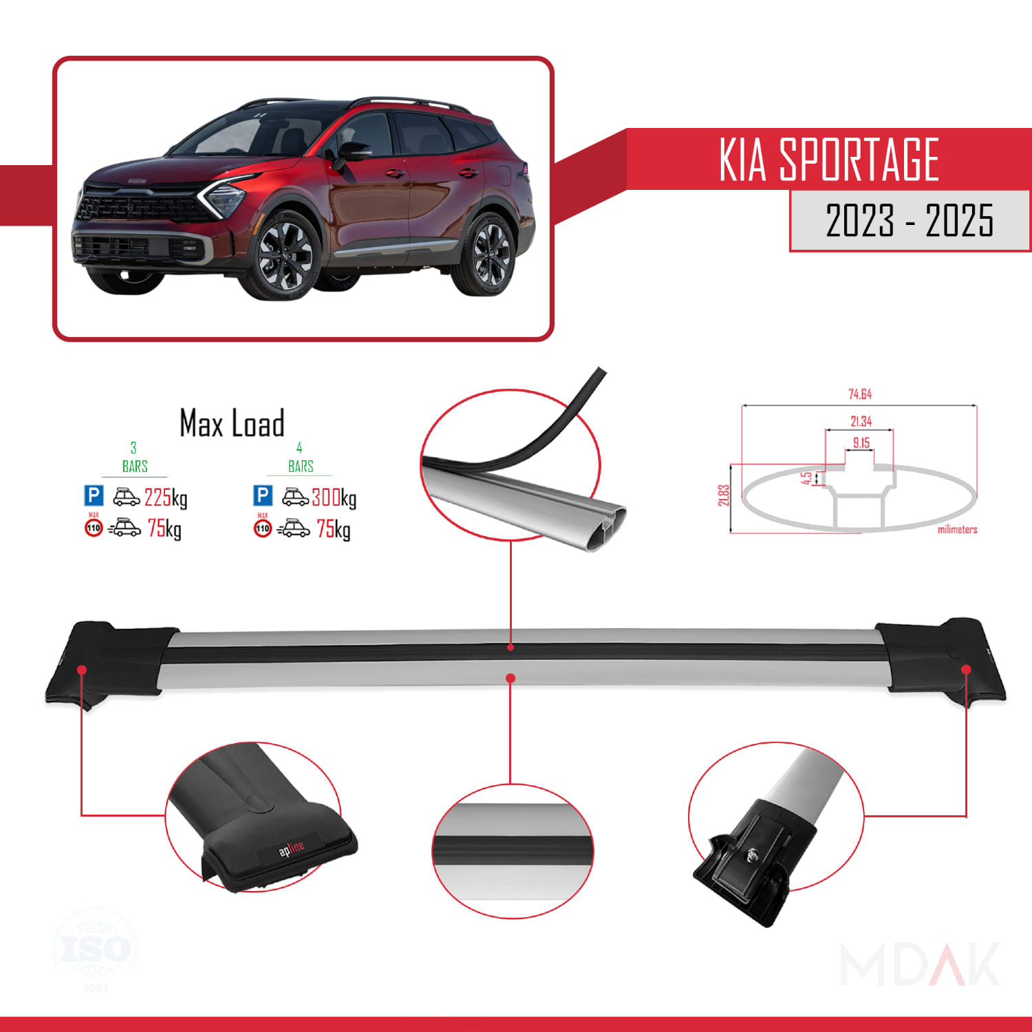 Kia Sportage 2023-2025 Arası ile Uyumlu FLY Model Ara Atkı Tavan Barı Gri 3 Adet - Görsel 3