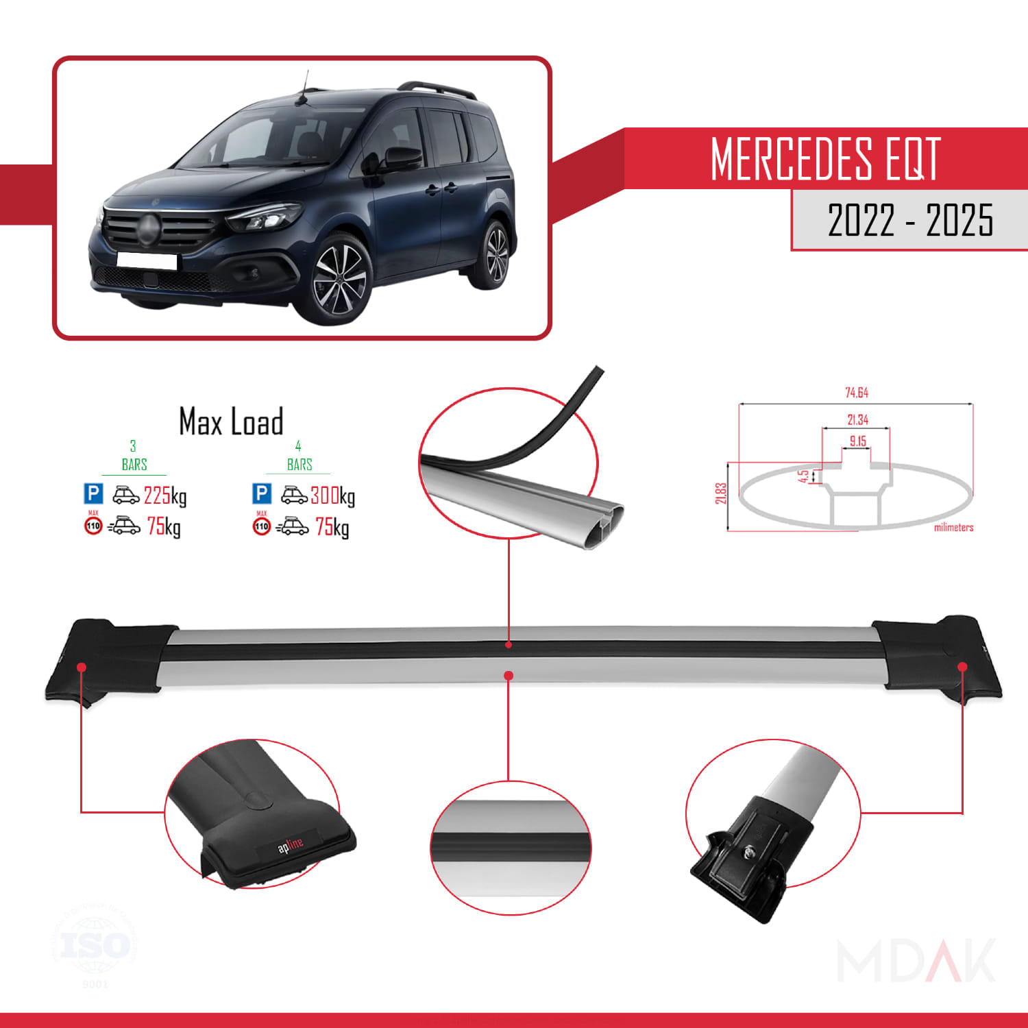 Mercedes EQT / Citan W420 2022-2025 Arası ile Uyumlu FLY Model Ara Atkı Tavan Barı Gri 3 Adet - Görsel 3