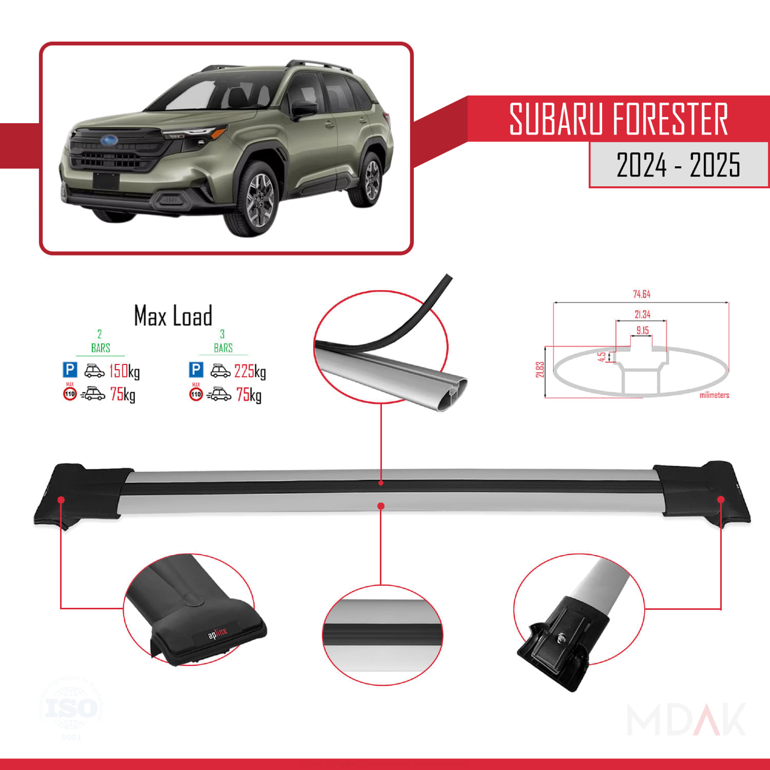 Subaru Forester (AYRIK) 2024-2025 Arası ile Uyumlu FLY Model Ara Atkı Tavan Barı Gri 2 Adet - Görsel 4