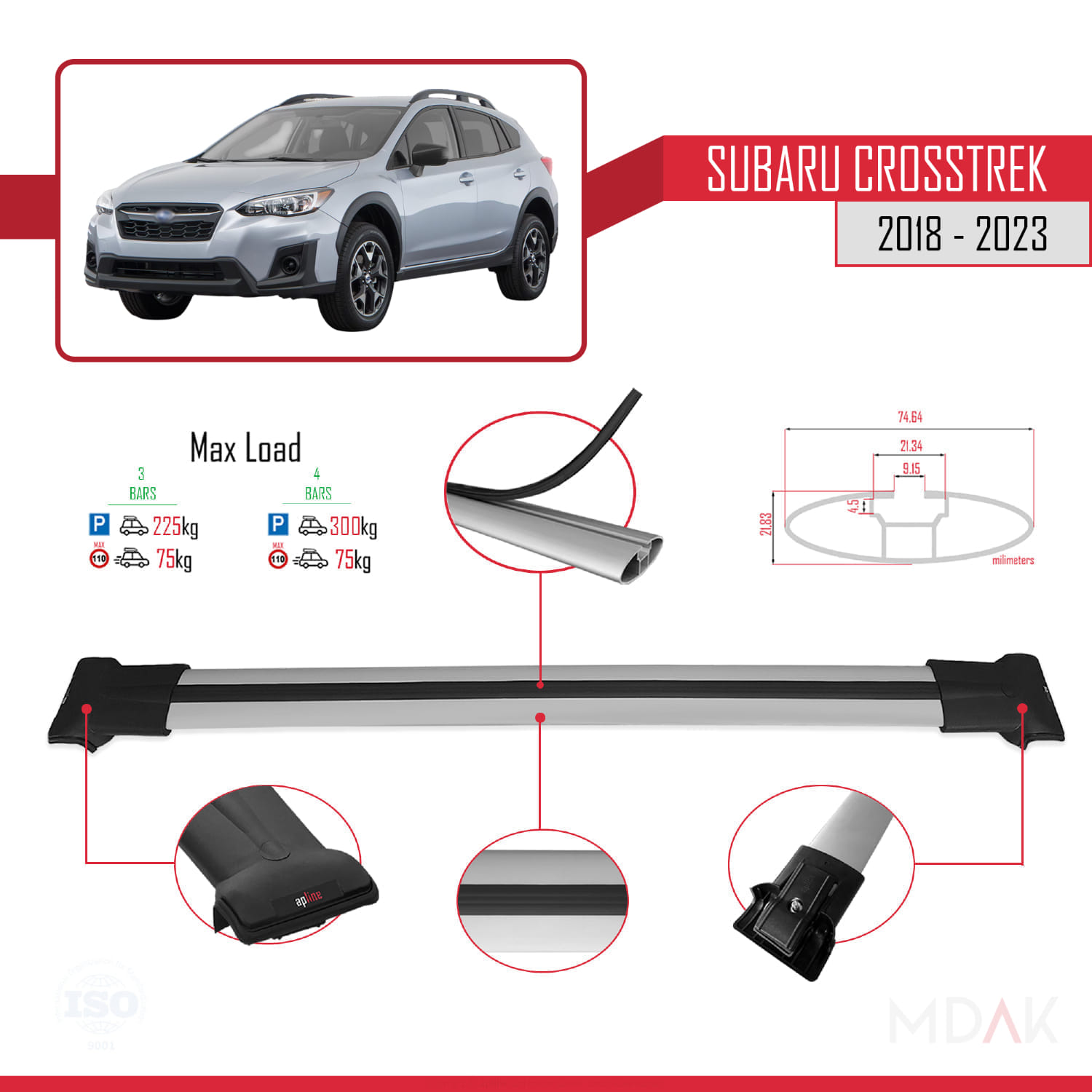 Subaru Crosstrek 2018-2023 Arası ile Uyumlu FLY Model Ara Atkı Tavan Barı Gri 3 Adet - Görsel 3