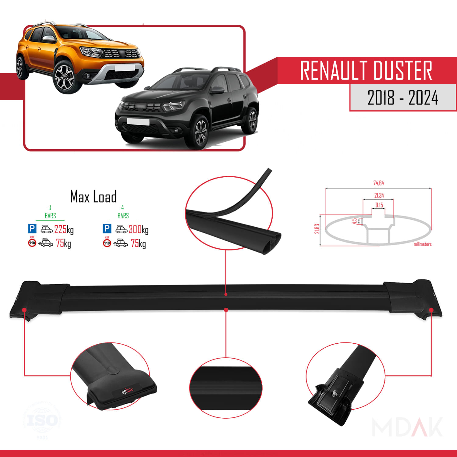 Renault Duster 2 (HM) 2018 ve Sonrası ile Uyumlu FLY Model Ara Atkı Tavan Barı Siyah 3 Adet - Görsel 3