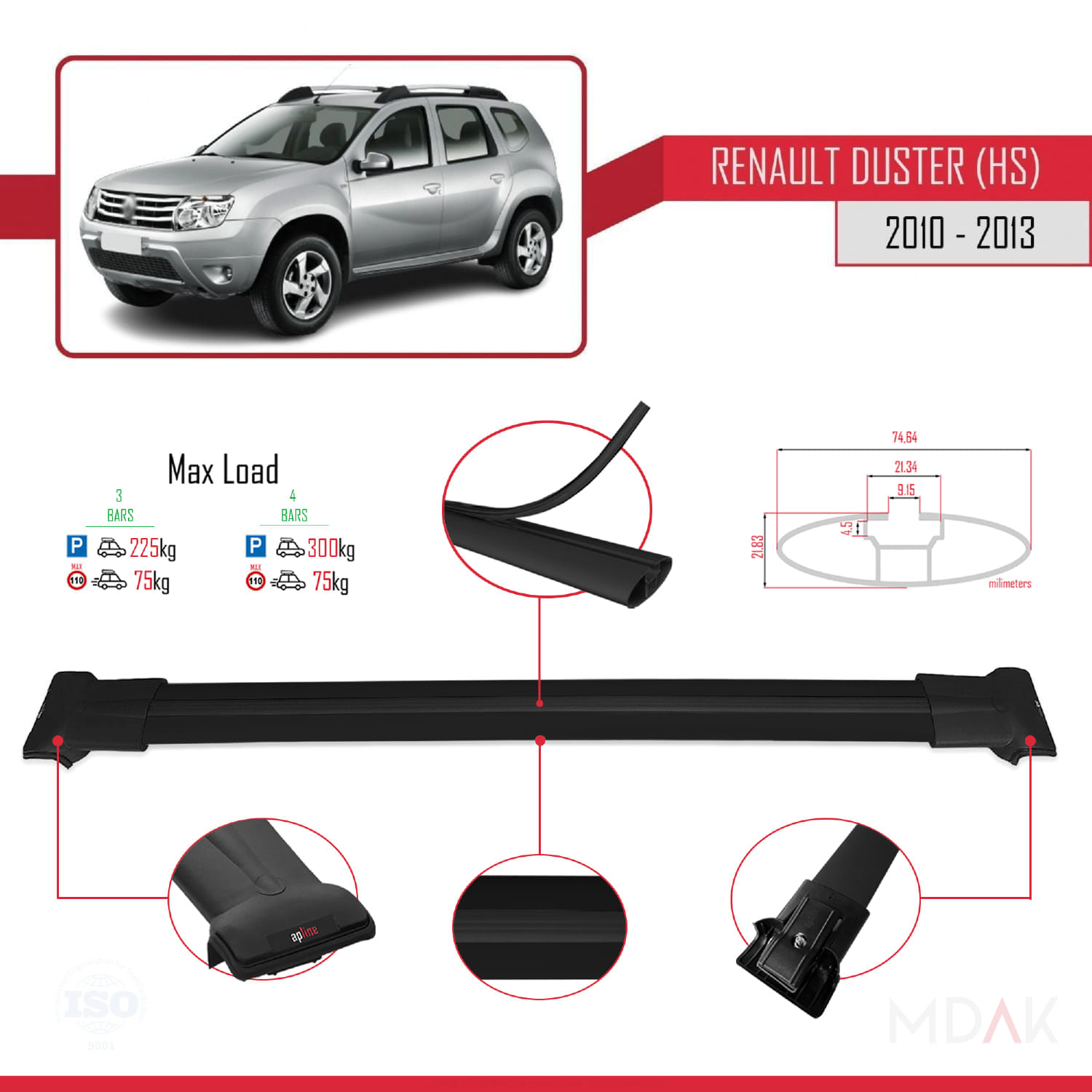Renault Duster (HS) Pre-Facelift 2010-2013 Arası ile Uyumlu FLY Model Ara Atkı Tavan Barı Siyah 3 Adet - Görsel 3