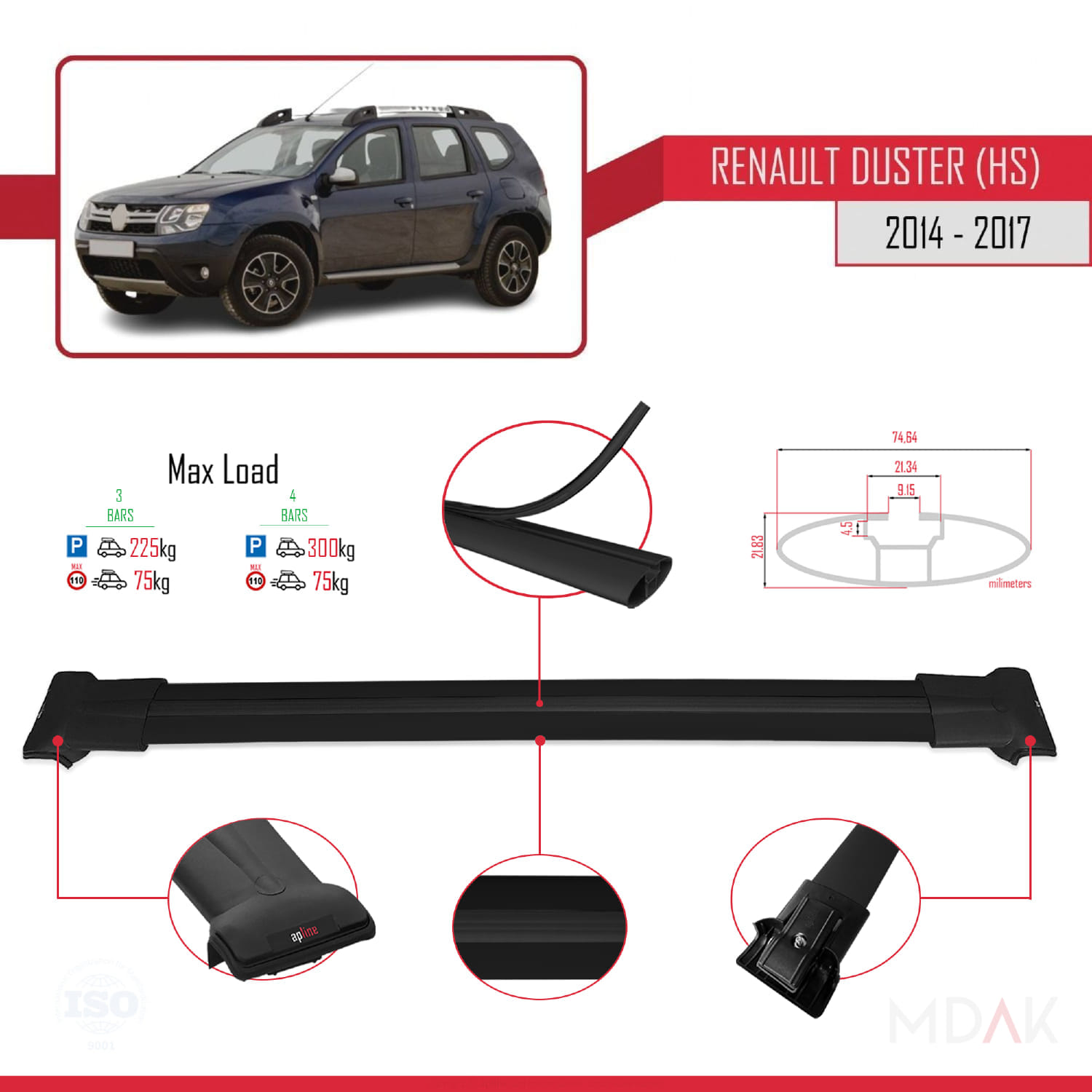 Renault Duster (HS) Post-Facelift 2014-2017 Arası ile Uyumlu FLY Model Ara Atkı Tavan Barı Siyah 3 Adet - Görsel 3