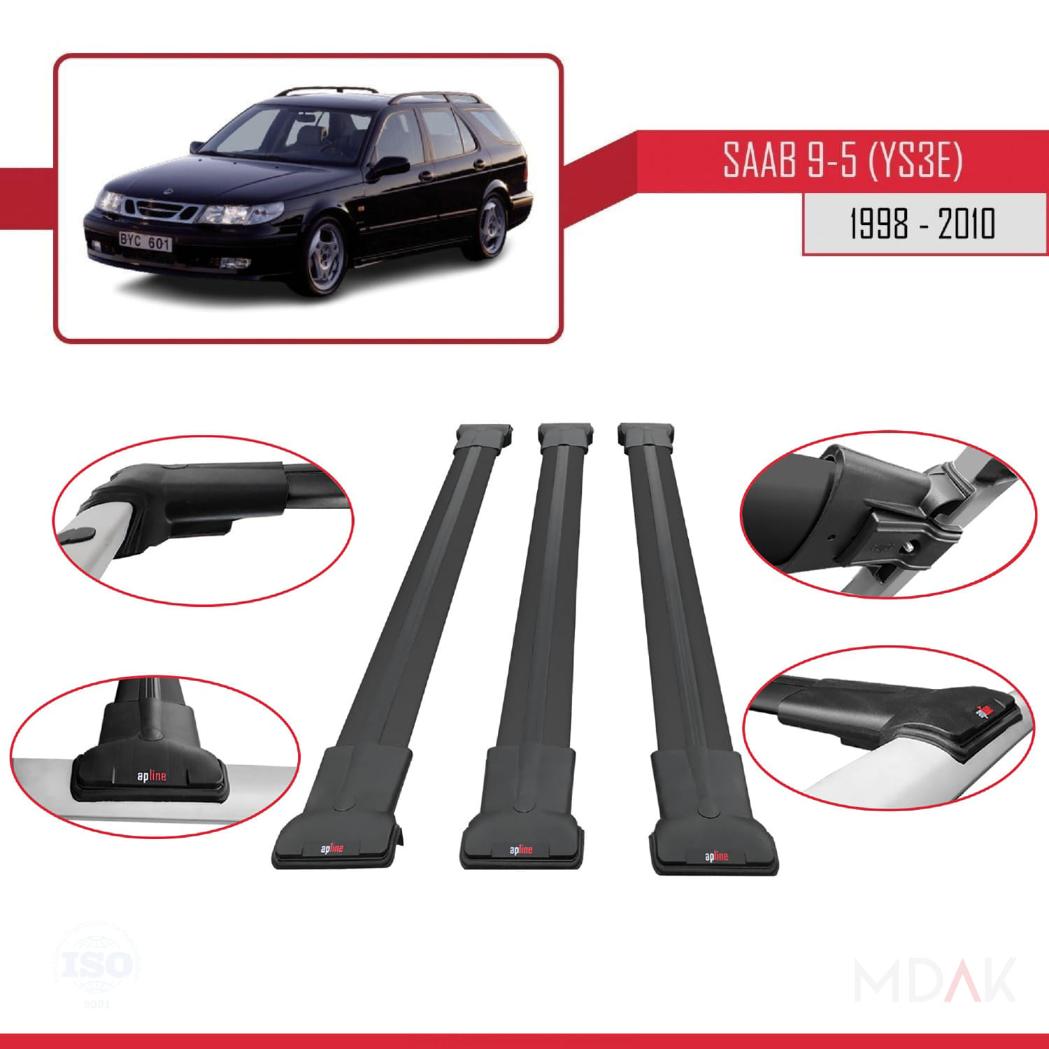 Saab 9-5 (YS3E) SW 1998-2010 Arası ile Uyumlu FLY Model Ara Atkı Tavan Barı Siyah 3 Adet - Görsel 4