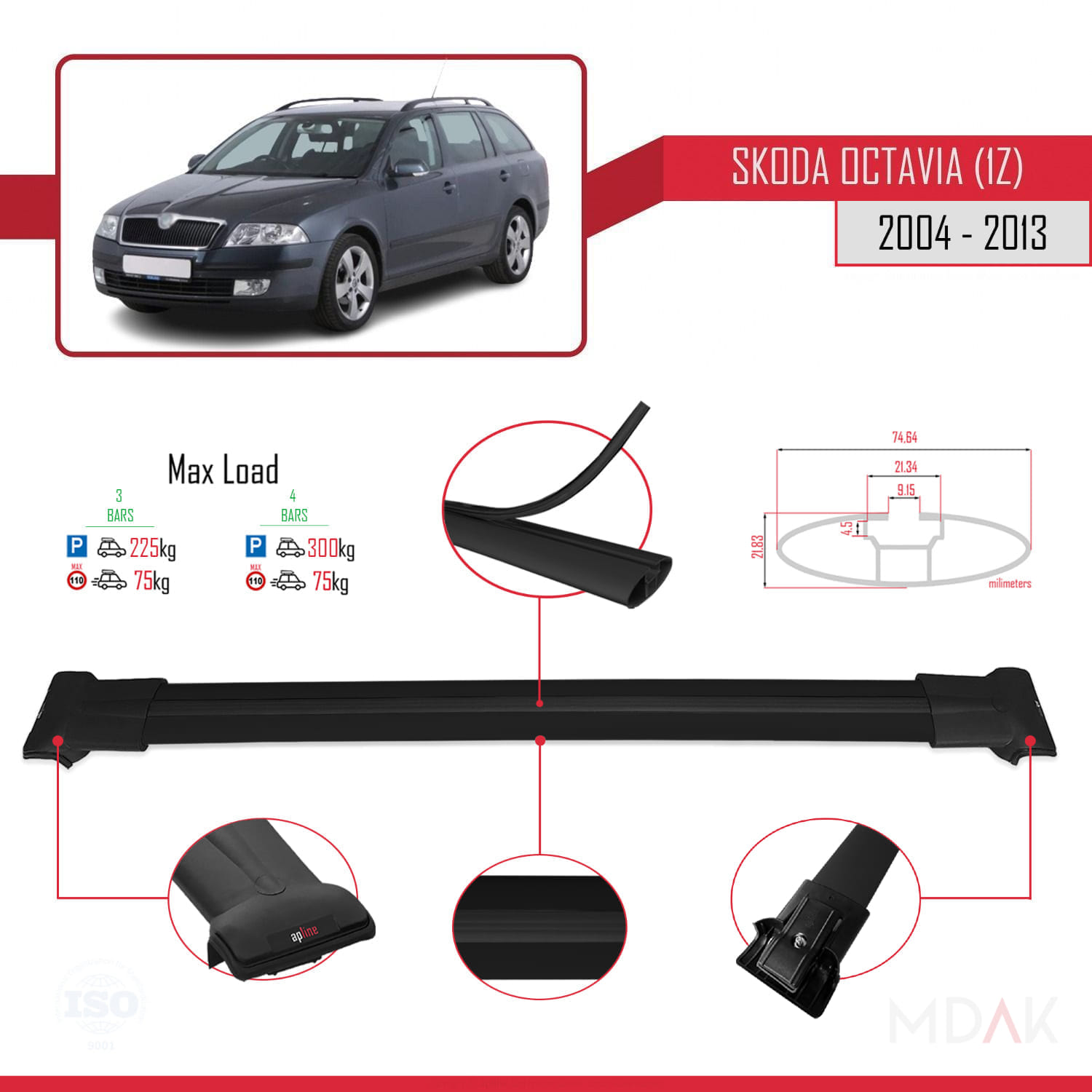 Skoda Octavia 2 (1Z) 2004-2013 Arası ile Uyumlu FLY Model Ara Atkı Tavan Barı Siyah 3 Adet - Görsel 3