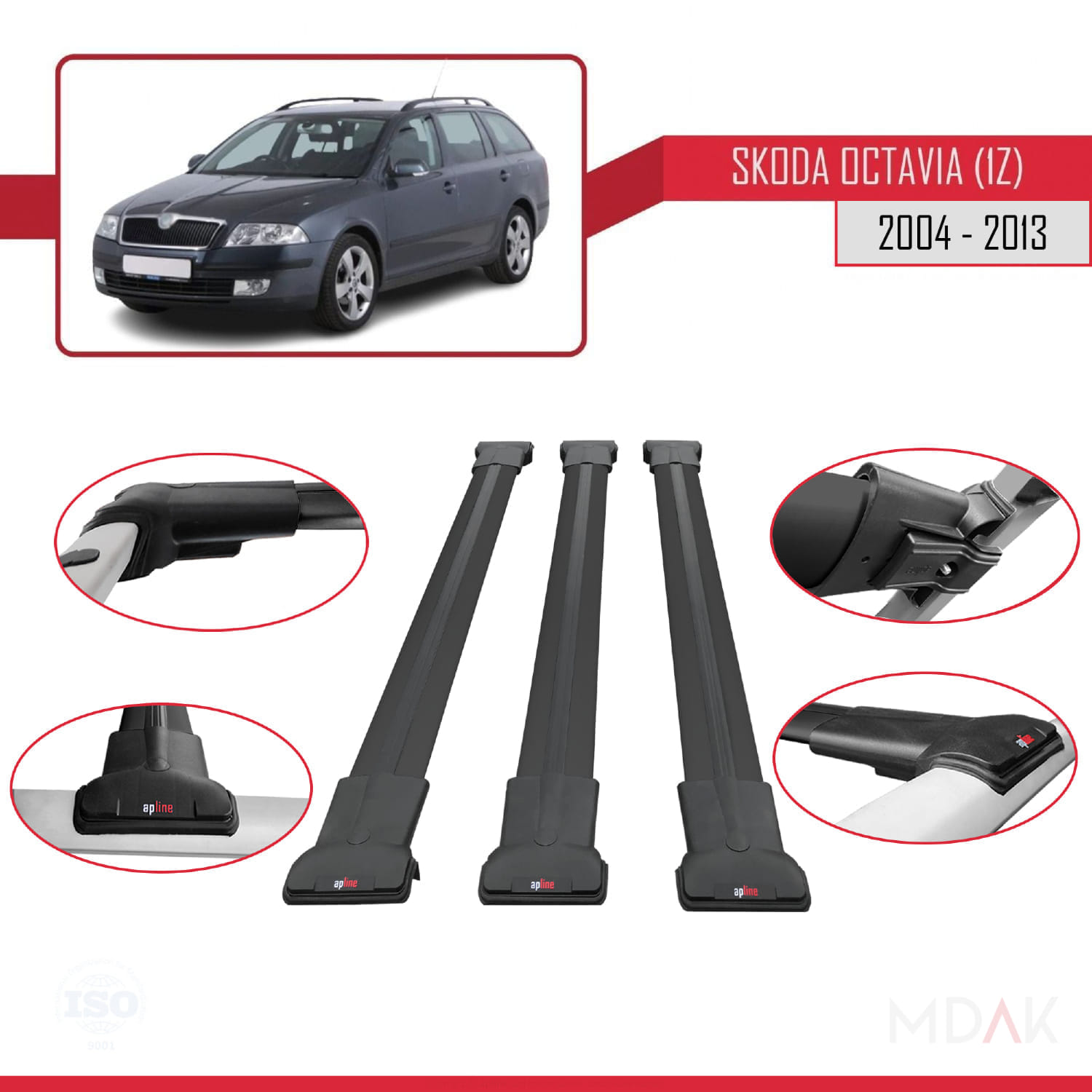 Skoda Octavia 2 (1Z) 2004-2013 Arası ile Uyumlu FLY Model Ara Atkı Tavan Barı Siyah 3 Adet - Görsel 4