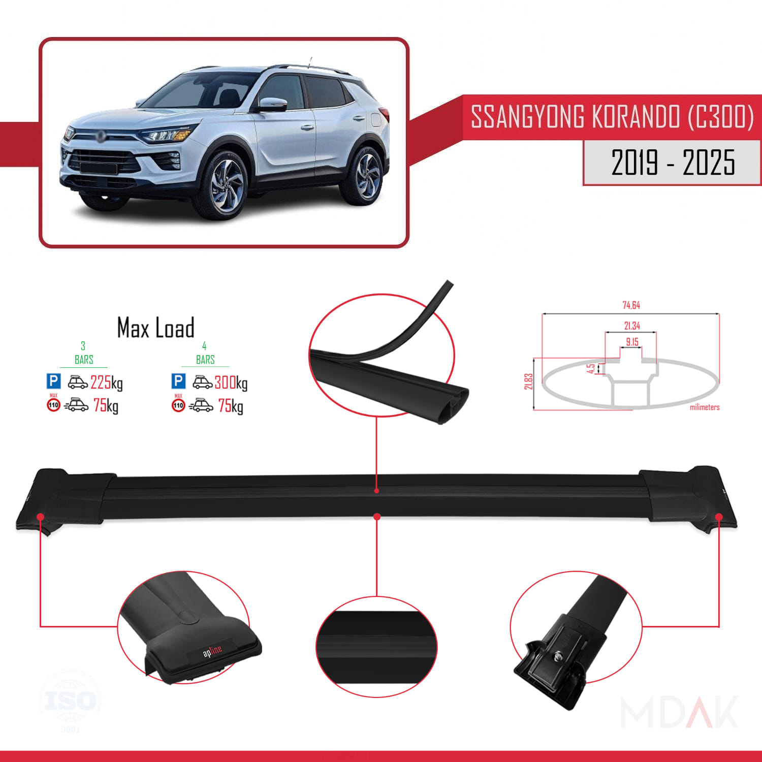 Ssangyong Korando 4 (C300) 2019 ve Sonrası ile Uyumlu FLY Model Ara Atkı Tavan Barı Siyah 3 Adet - Görsel 3