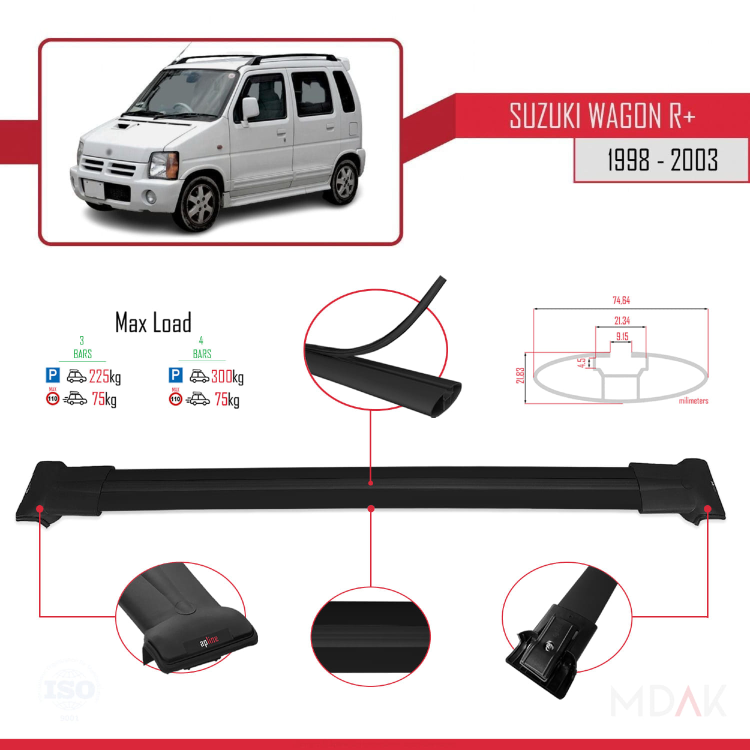 Suzuki Wagon R+ 1998-2003 Arası ile Uyumlu FLY Model Ara Atkı Tavan Barı Siyah 3 Adet - Görsel 3