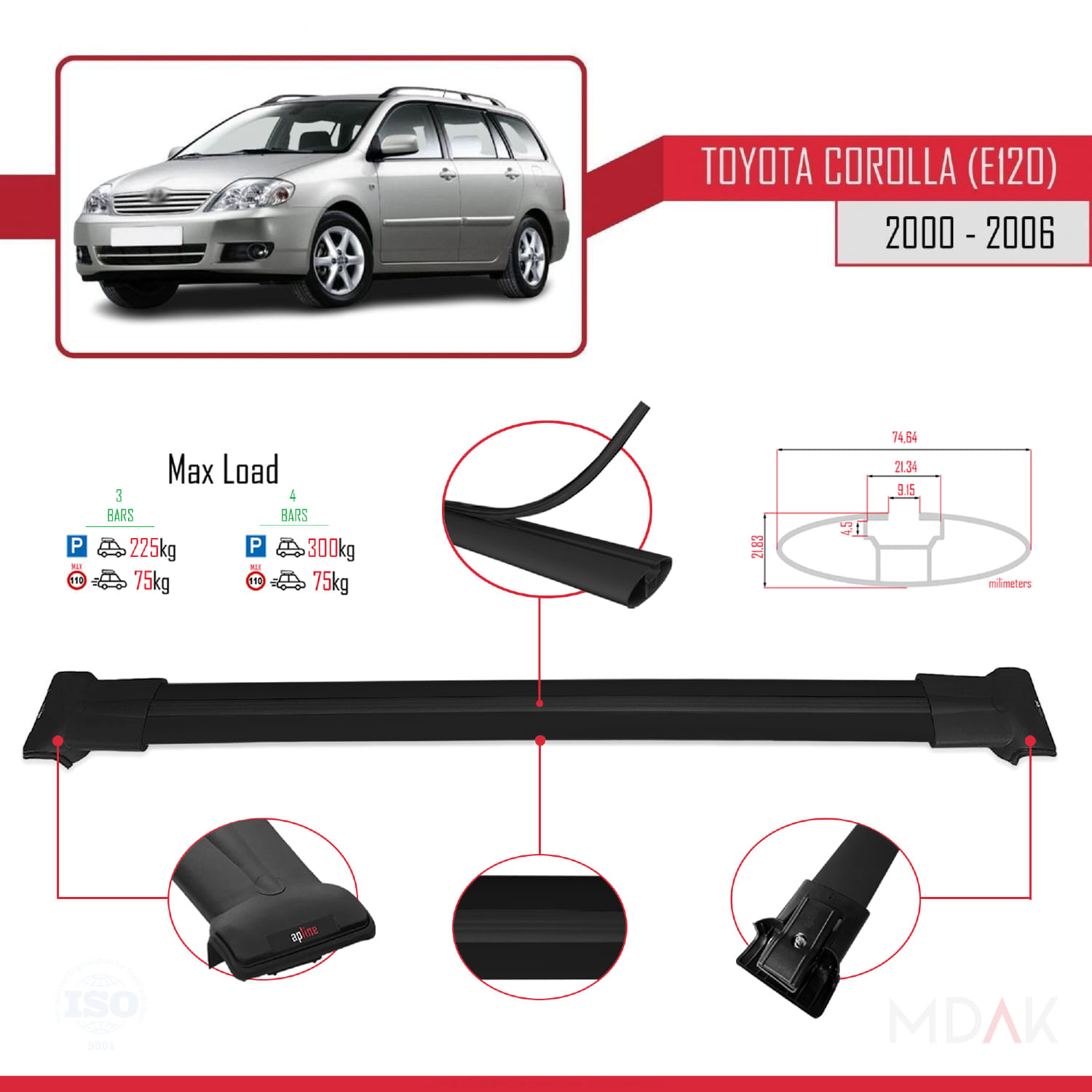 Toyota Corolla 9 (E120) SW 2000-2006 Arası ile Uyumlu FLY Model Ara Atkı Tavan Barı Siyah 3 Adet - Görsel 3