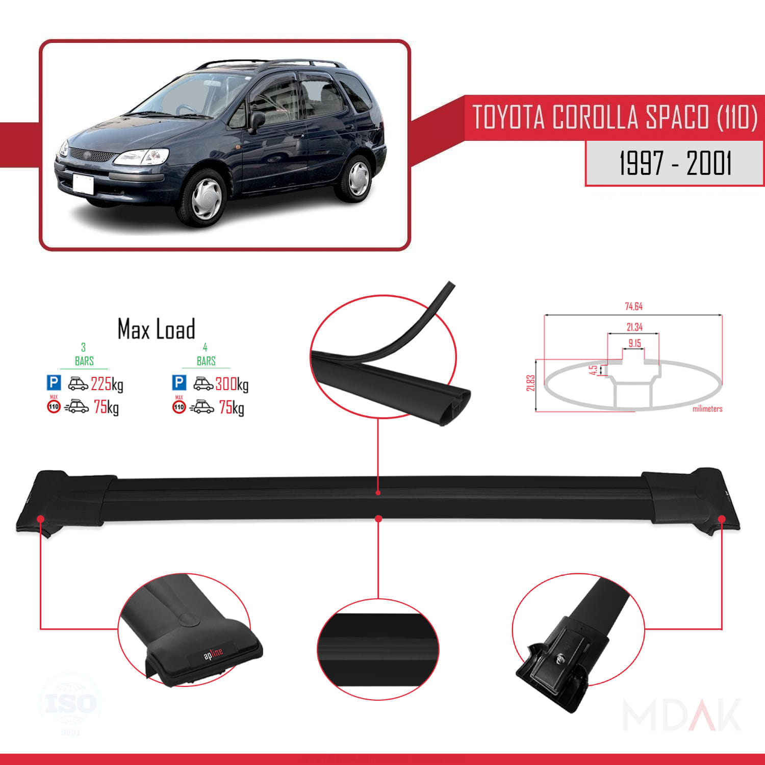 Toyota Corolla Spacio (E110) 1997-2001 Arası ile Uyumlu FLY Model Ara Atkı Tavan Barı Siyah 3 Adet - Görsel 3