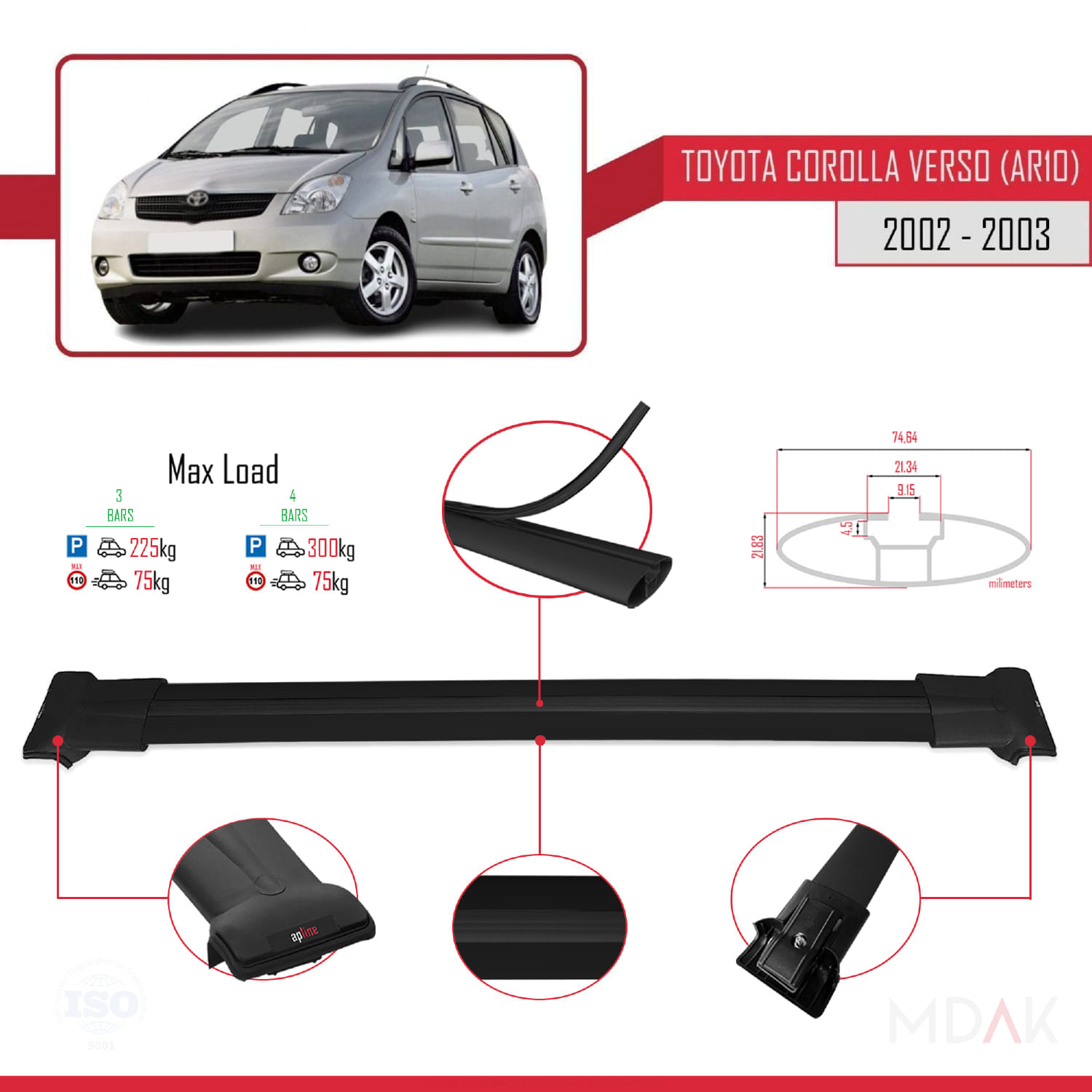 Toyota Corolla Verso (E120) 2001-2004 Arası ile Uyumlu FLY Model Ara Atkı Tavan Barı Siyah 3 Adet - Görsel 3