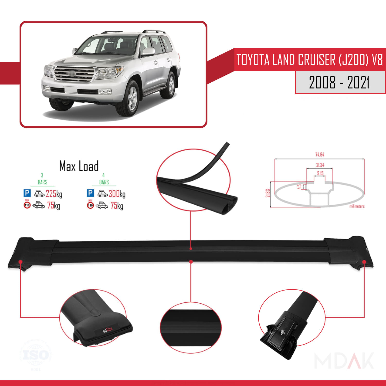 Toyota Land Cruiser V8 (J200) 2008-2021 Arası ile Uyumlu FLY Model Ara Atkı Tavan Barı Siyah 3 Adet - Görsel 3