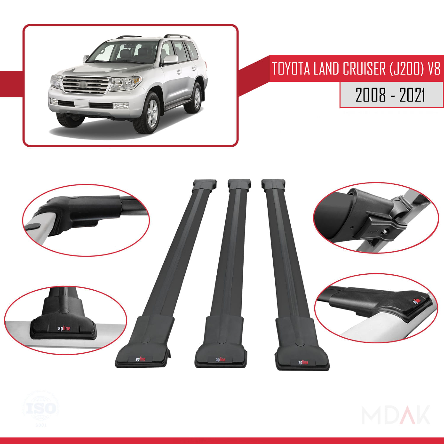 Toyota Land Cruiser V8 (J200) 2008-2021 Arası ile Uyumlu FLY Model Ara Atkı Tavan Barı Siyah 3 Adet - Görsel 4