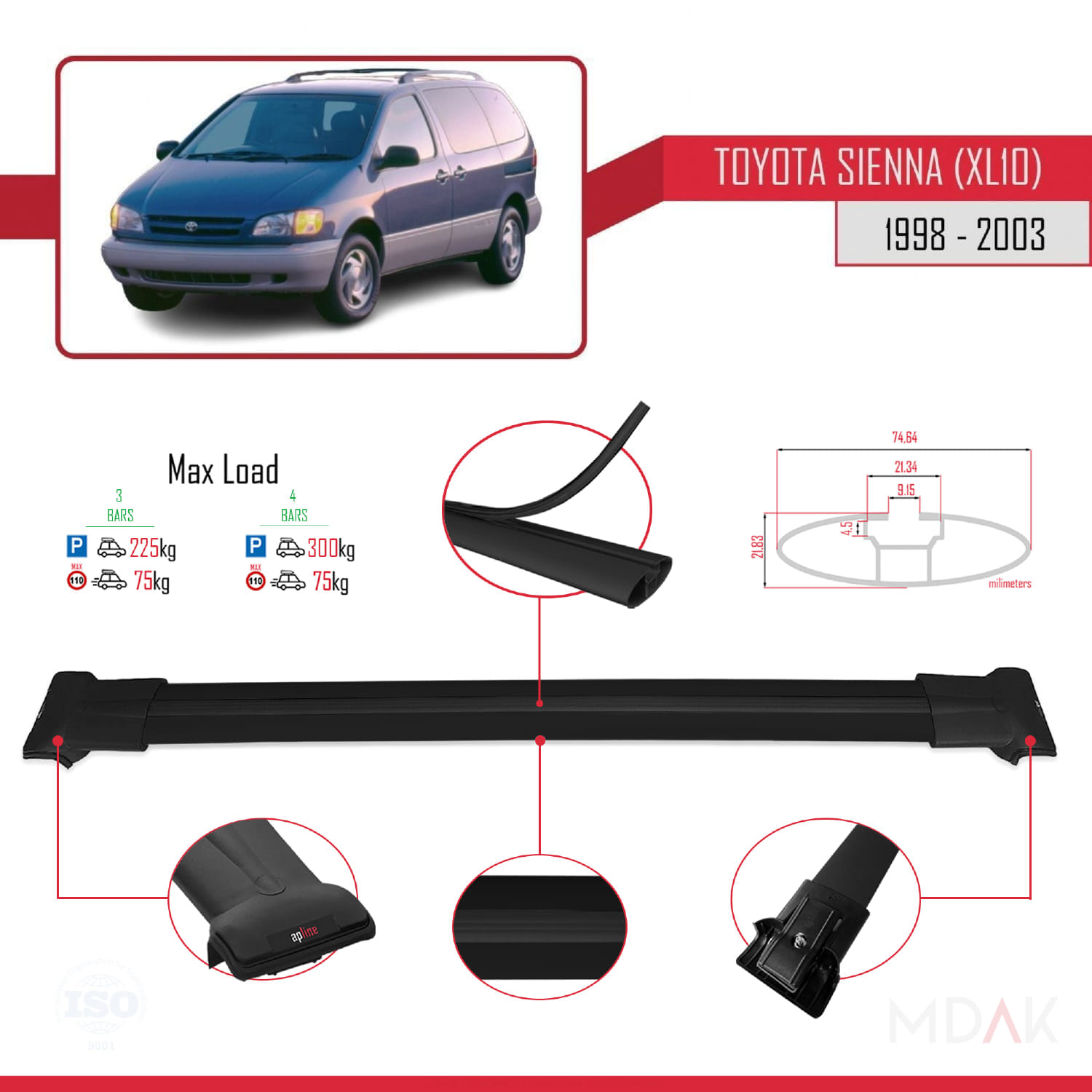 Toyota Sienna (XL10) 1998-2003 Arası ile Uyumlu FLY Model Ara Atkı Tavan Barı Siyah 3 Adet - Görsel 3