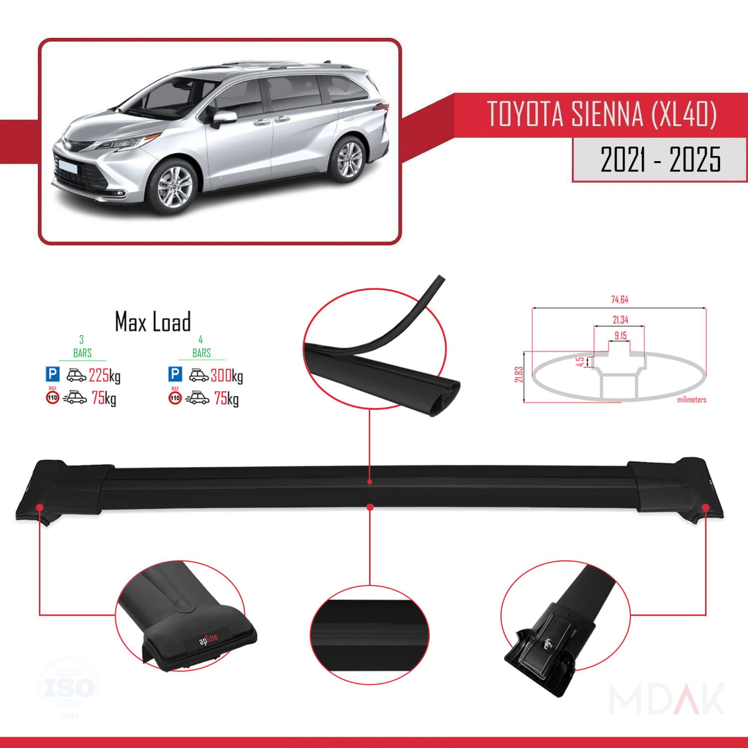 Toyota Sienna 4 (XL40) 2021 ve Sonrası ile Uyumlu FLY Model Ara Atkı Tavan Barı Siyah 3 Adet - Görsel 3