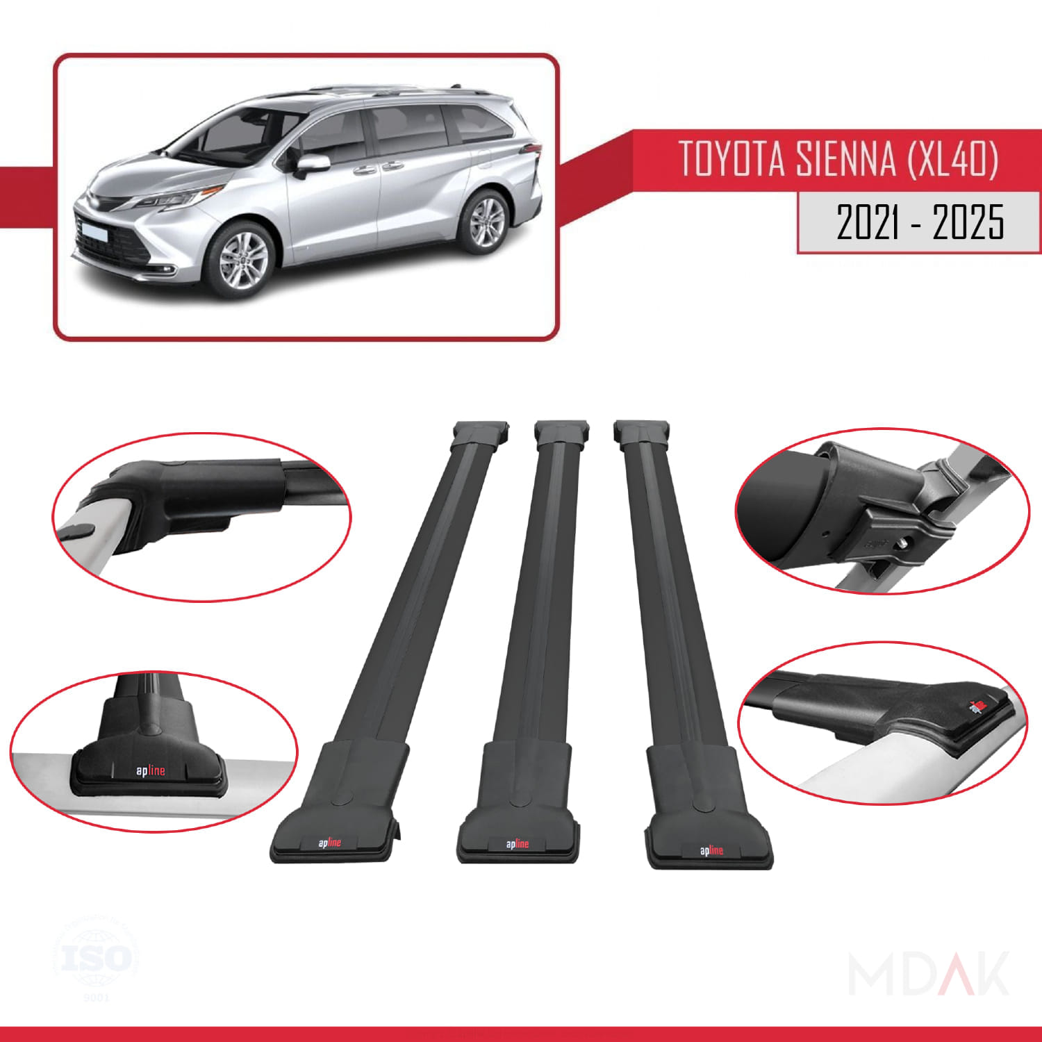 Toyota Sienna 4 (XL40) 2021 ve Sonrası ile Uyumlu FLY Model Ara Atkı Tavan Barı Siyah 3 Adet - Görsel 4