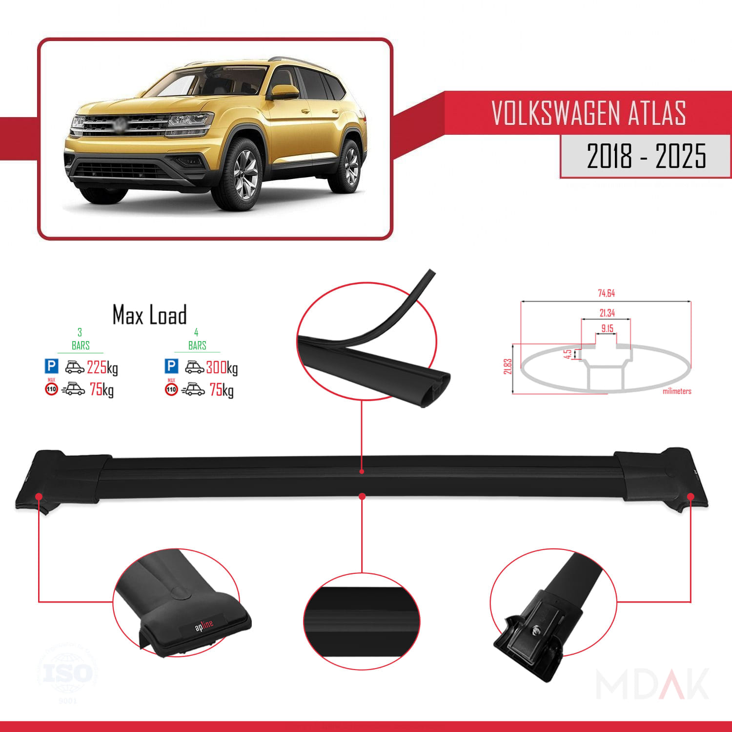 Volkswagen Atlas (CA1) 2018 ve Sonrası ile Uyumlu FLY Model Ara Atkı Tavan Barı Siyah 3 Adet - Görsel 3