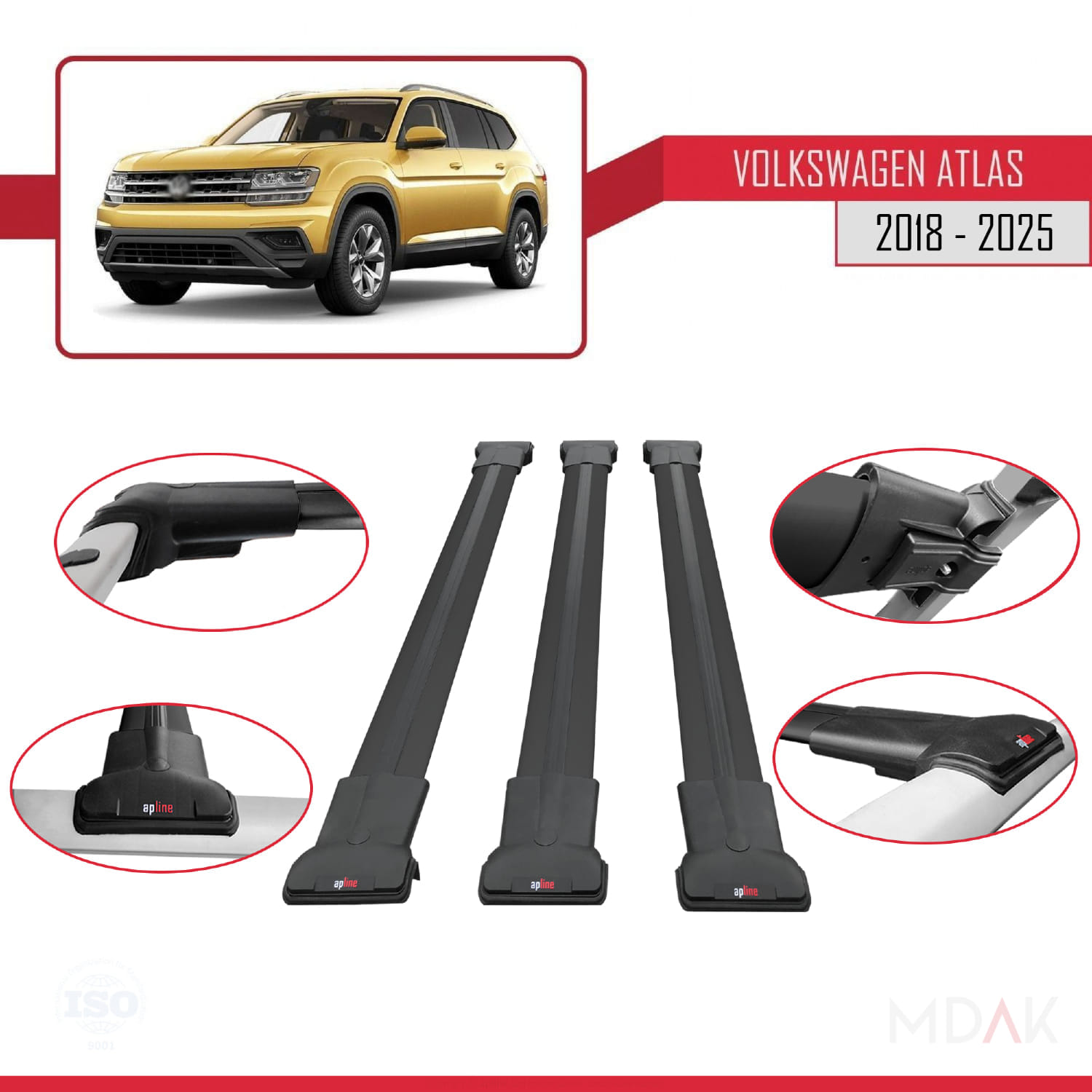 Volkswagen Atlas (CA1) 2018 ve Sonrası ile Uyumlu FLY Model Ara Atkı Tavan Barı Siyah 3 Adet - Görsel 4