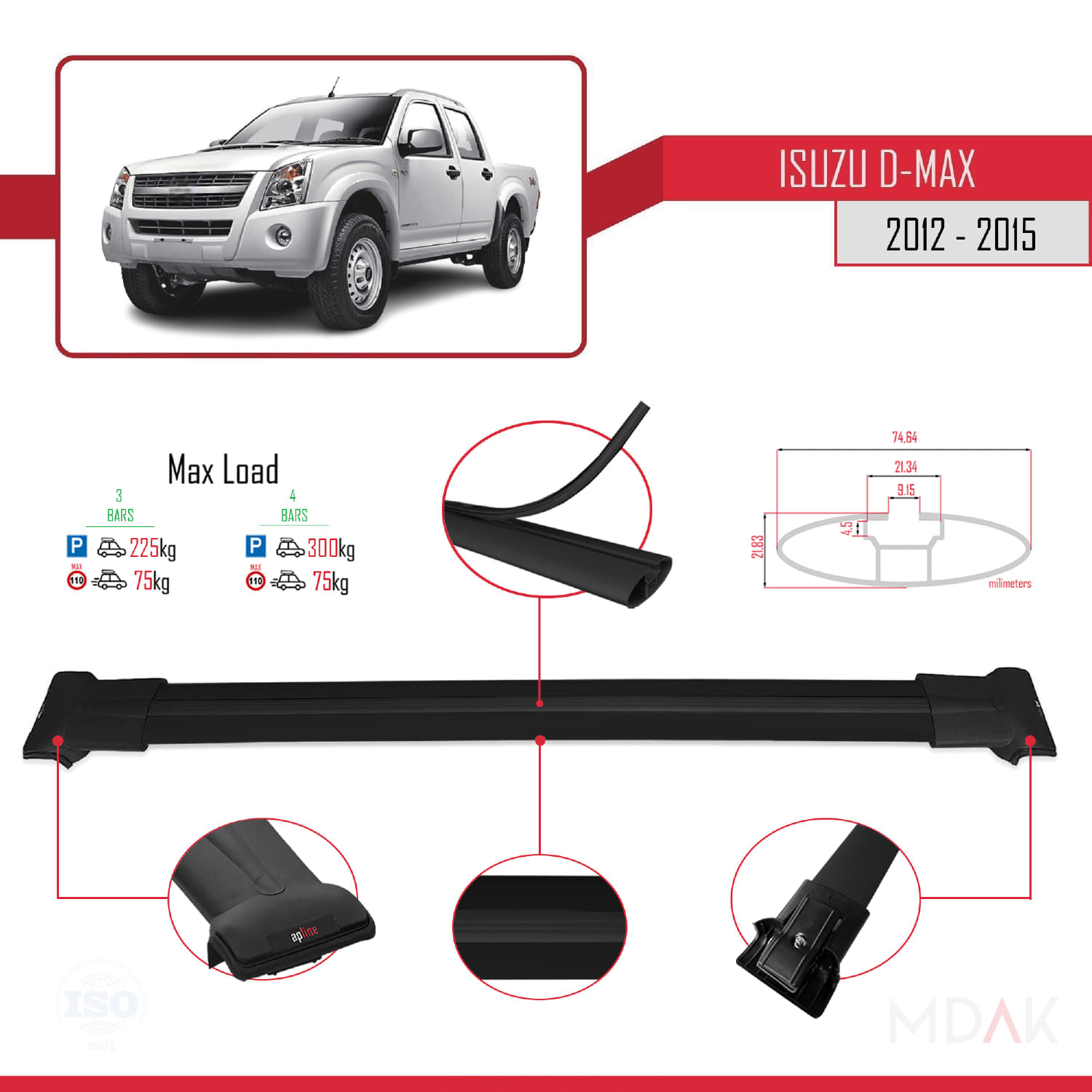 Isuzu D-Max 2 (RT50) Pre-Facelift 2012-2015 Arası ile Uyumlu FLY Model Ara Atkı Tavan Barı Siyah 3 Adet - Görsel 3