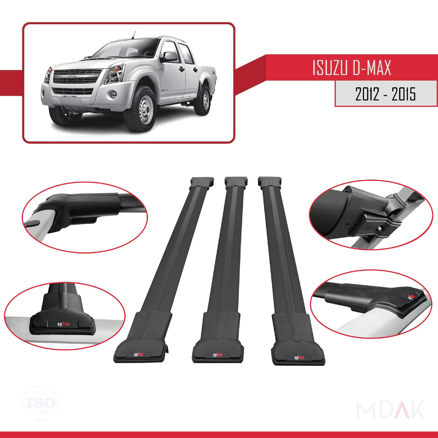 Isuzu D-Max 2 (RT50) Pre-Facelift 2012-2015 Arası ile Uyumlu FLY Model Ara Atkı Tavan Barı Siyah 3 Adet - Görsel 4