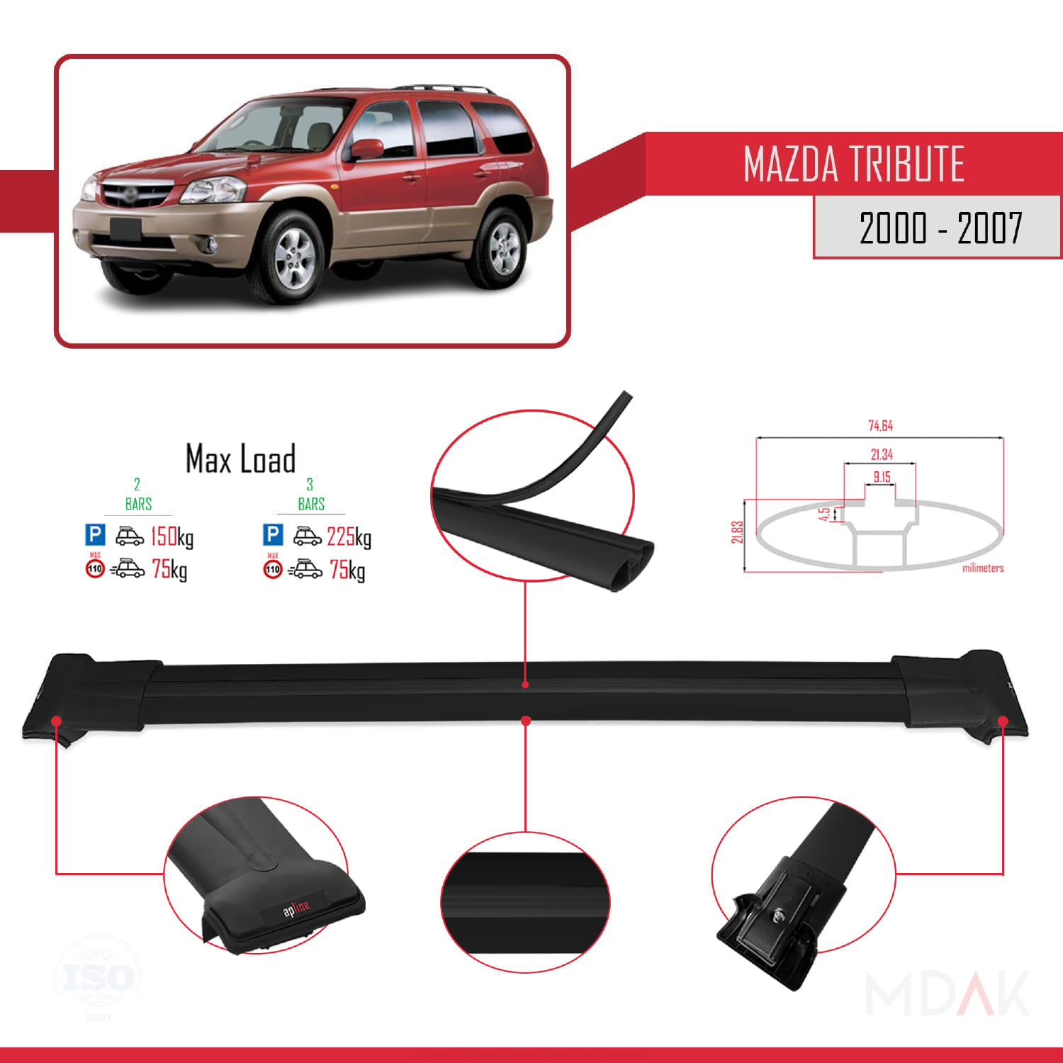 Mazda Tribute 2000-2007 Arası ile Uyumlu FLY Model Ara Atkı Tavan Barı Siyah 2 Adet - Görsel 3