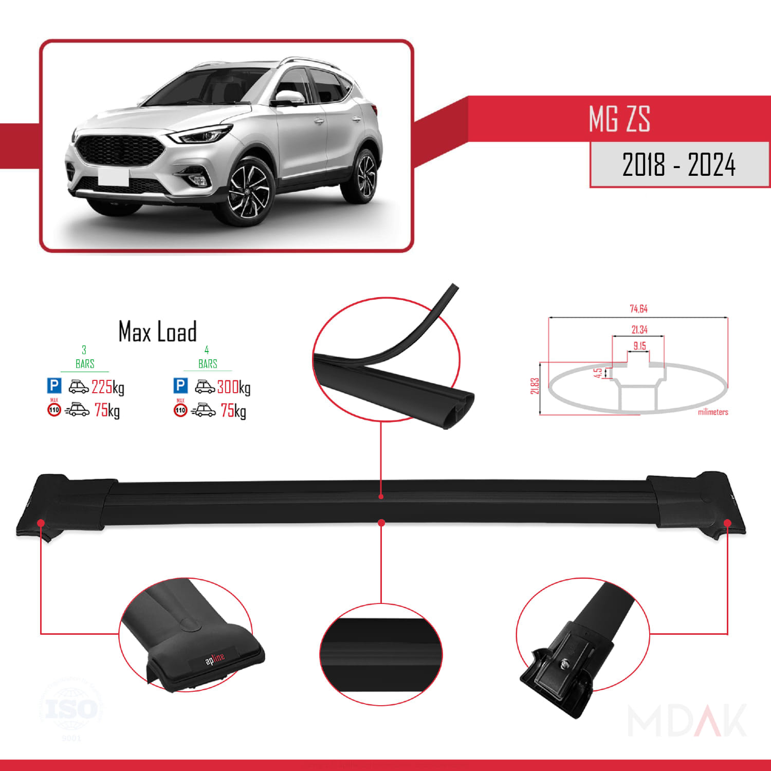 MG ZS 2018-2024 Arası ile Uyumlu FLY Model Ara Atkı Tavan Barı Siyah 3 Adet - Görsel 4