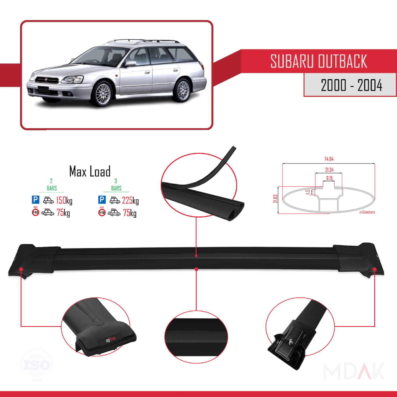 Subaru Outback 2 2000-2004 Arası ile Uyumlu FLY Model Ara Atkı Tavan Barı Siyah 2 Adet - Görsel 3