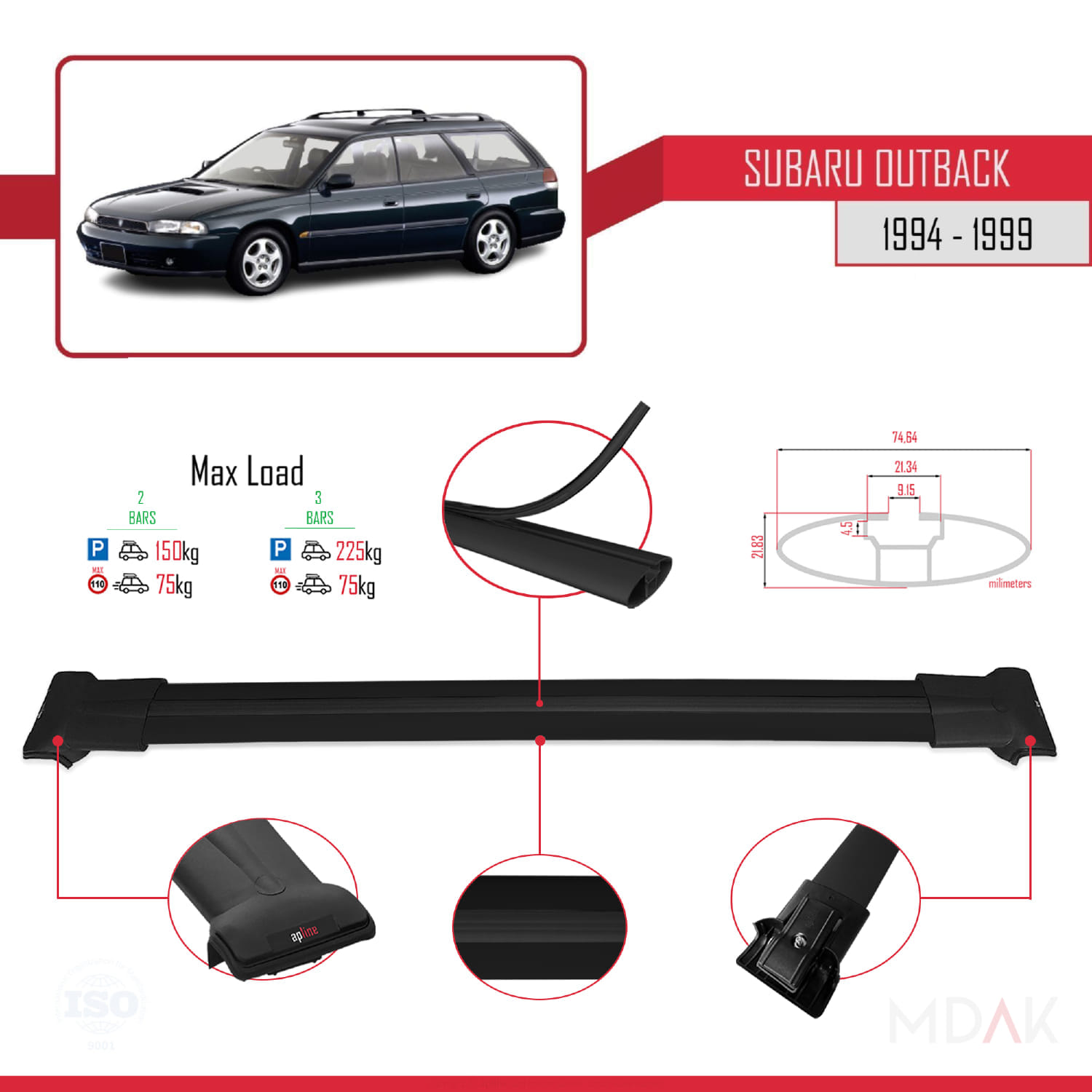 Subaru Outback 1994-1999 Arası ile Uyumlu FLY Model Ara Atkı Tavan Barı Siyah 2 Adet - Görsel 3