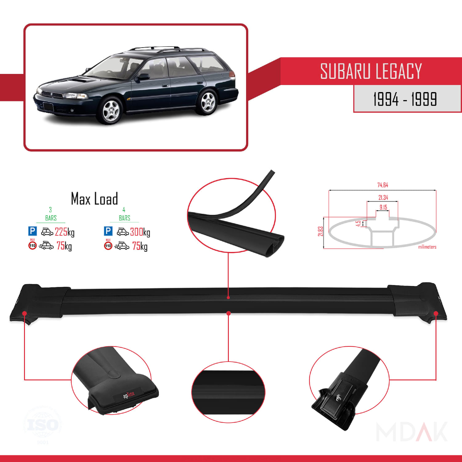 Subaru Legacy 2 (BD) 1994-1999 Arası ile Uyumlu FLY Model Ara Atkı Tavan Barı Siyah 3 Adet - Görsel 3