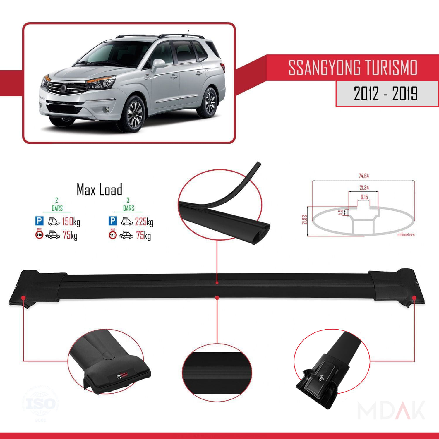 Ssangyong Turismo 2012-2019 Arası ile Uyumlu FLY Model Ara Atkı Tavan Barı Siyah 2 Adet - Görsel 3