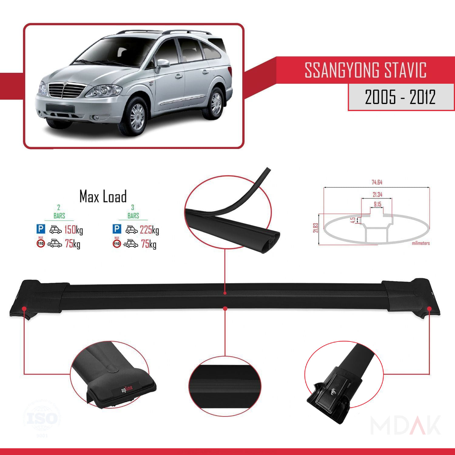 Ssangyong Stavic 2005-2012 Arası ile Uyumlu FLY Model Ara Atkı Tavan Barı Siyah 2 Adet - Görsel 3