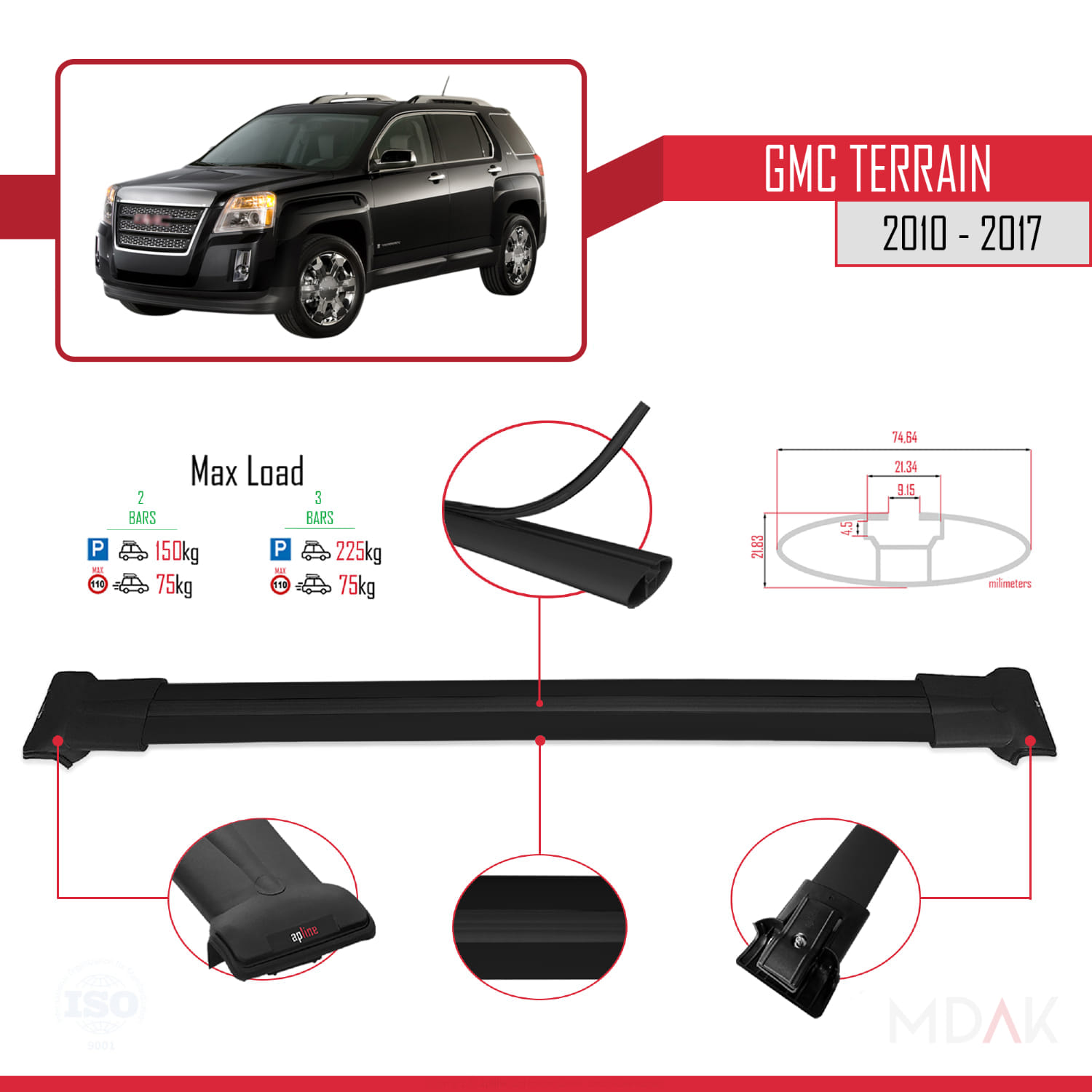 GMC Terrain 2010-2017 Arası ile Uyumlu FLY Model Ara Atkı Tavan Barı Siyah 2 Adet - Görsel 4