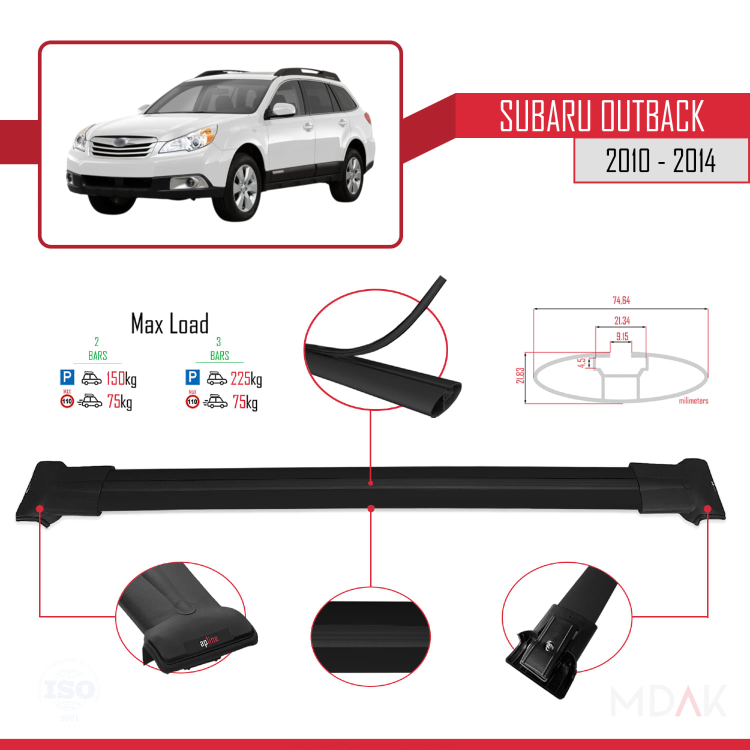 Subaru Outback 2010-2014 Arası ile Uyumlu FLY Model Ara Atkı Tavan Barı Siyah 2 Adet - Görsel 4