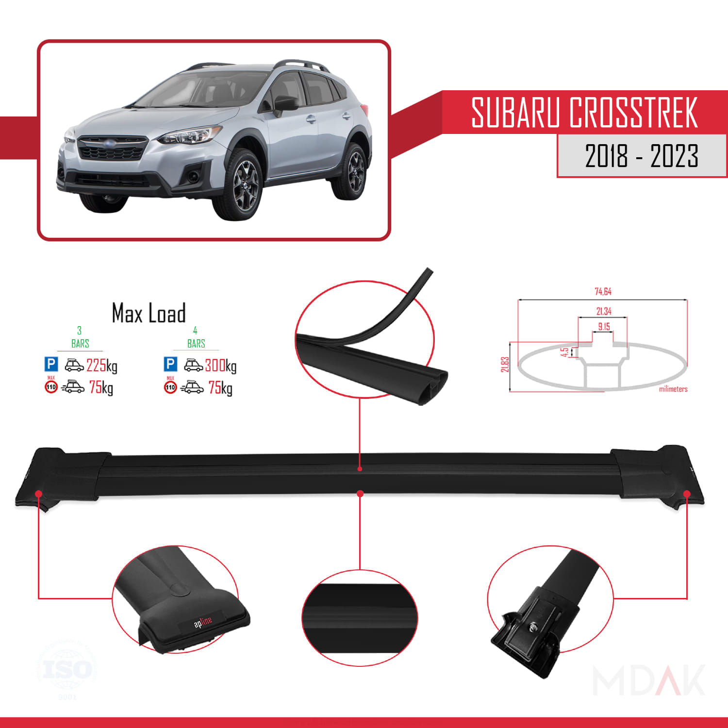 Subaru Crosstrek 2018-2023 Arası ile Uyumlu FLY Model Ara Atkı Tavan Barı Siyah 3 Adet - Görsel 3
