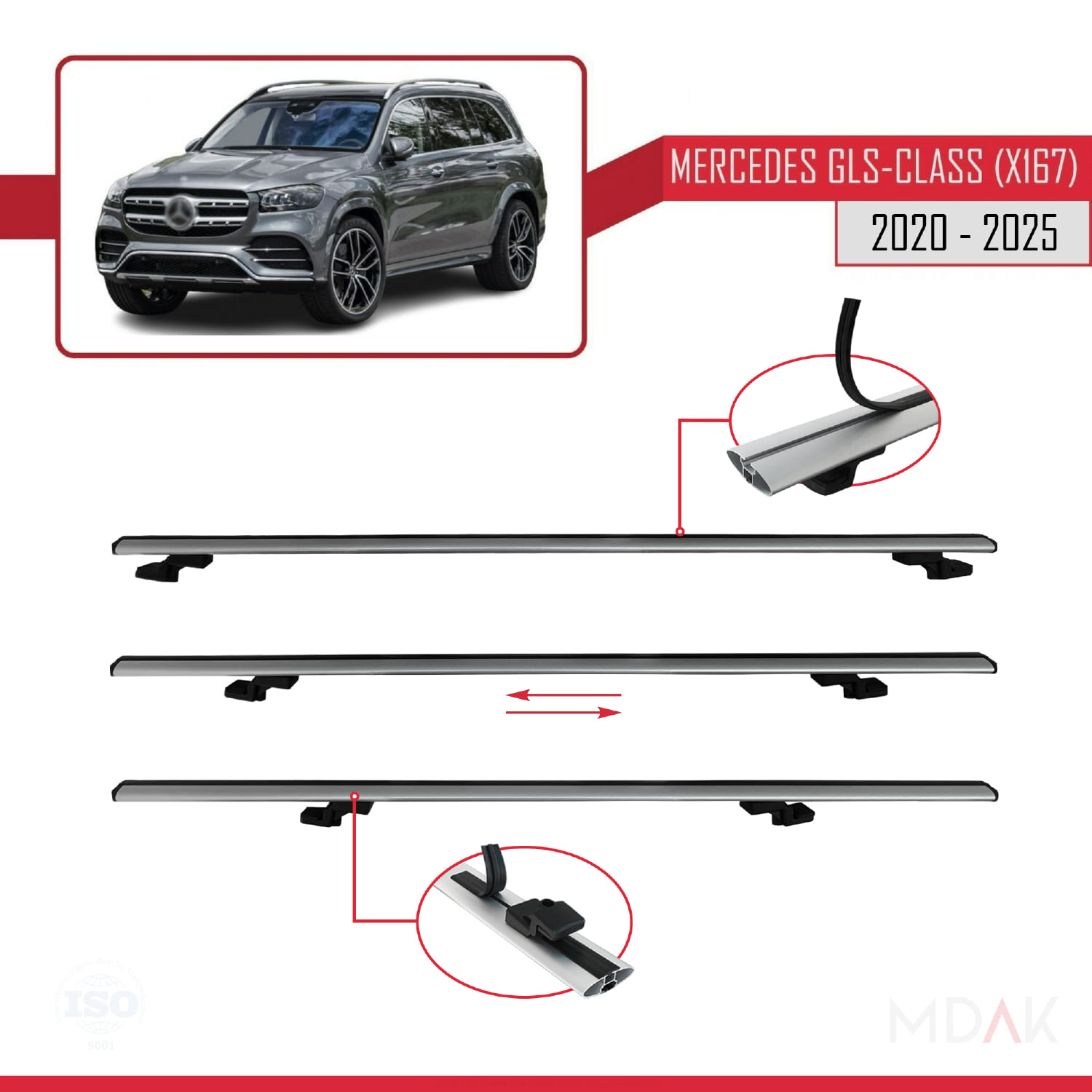 Mercedes GLS Class (X167) 2020 ve Sonrası ile Uyumlu BASIC Model Ara Atkı Tavan Barı Gri 2 Adet - Görsel 5
