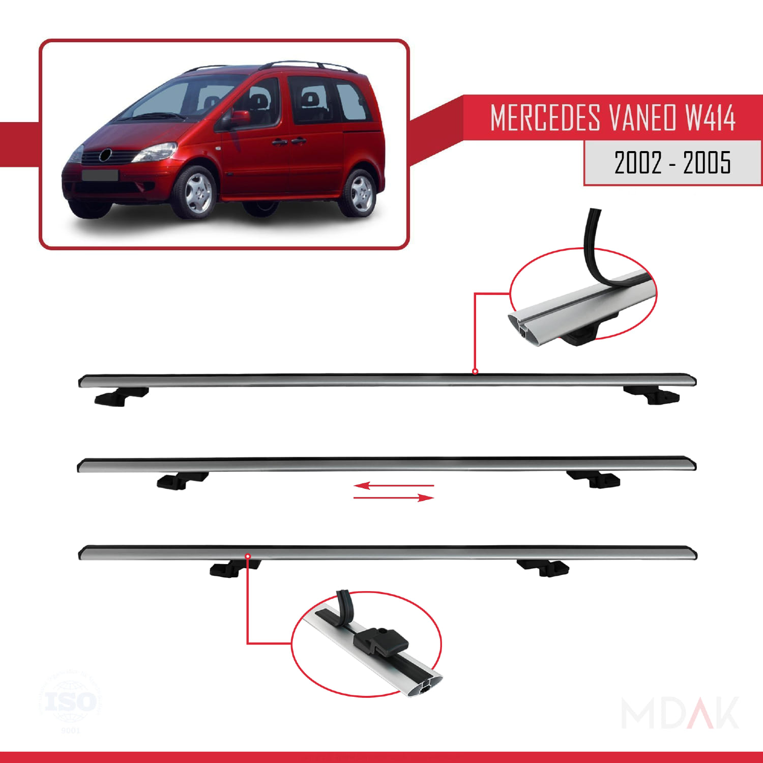 Mercedes Vaneo (W414) 2002-2005 Arası ile Uyumlu BASIC Model Ara Atkı Tavan Barı Gri 4 Adet - Görsel 4
