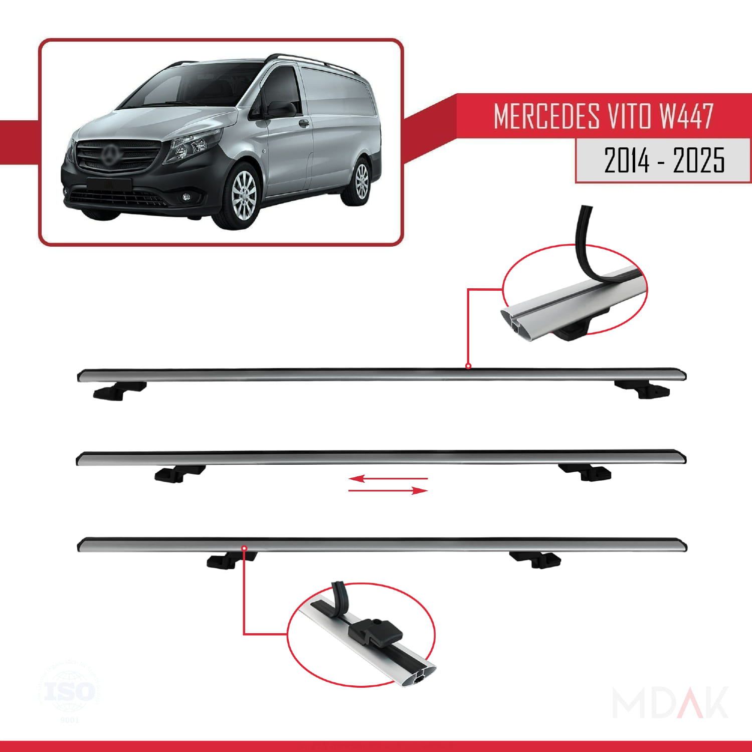 Mercedes Vito 3 (W447) 2014 ve Sonrası ile Uyumlu BASIC Model Ara Atkı Tavan Barı Gri 2 Adet - Görsel 5