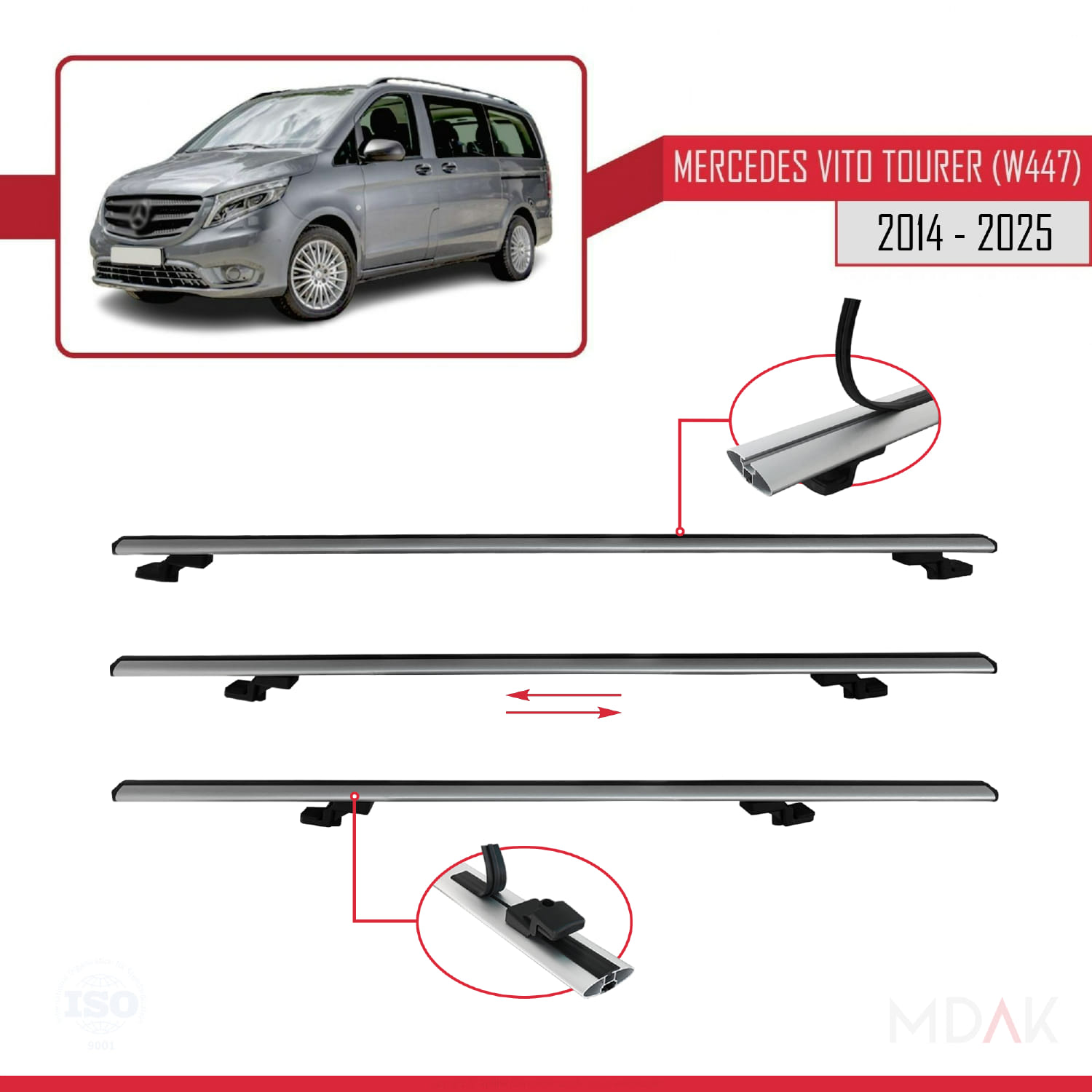 Mercedes Vito Tourer (W447) 2014 ve Sonrası ile Uyumlu BASIC Model Ara Atkı Tavan Barı Gri 2 Adet - Görsel 5