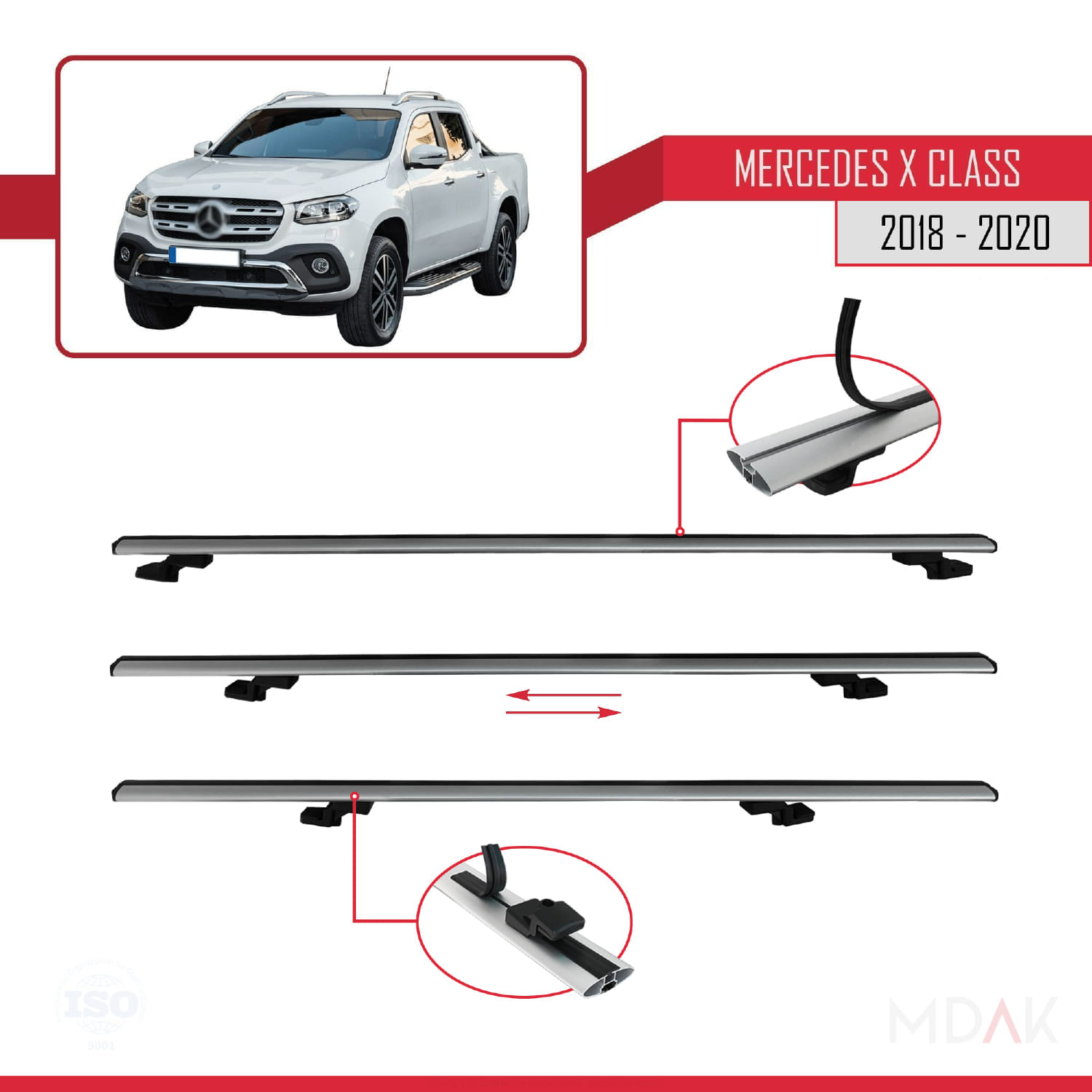 Mercedes X Class (470) 2018-2020 Arası ile Uyumlu BASIC Model Ara Atkı Tavan Barı Gri 2 Adet - Görsel 5