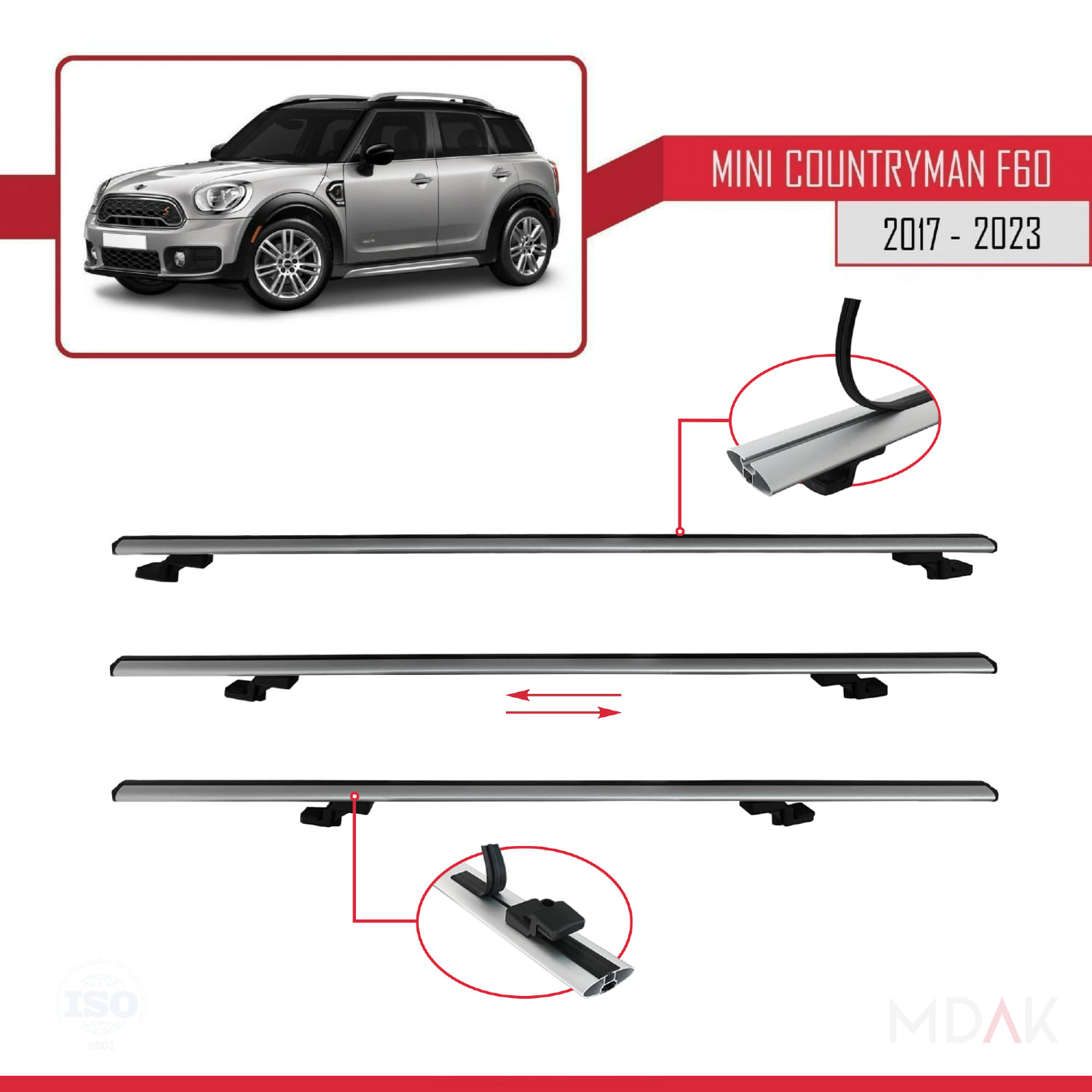 Mini Countryman 2 (F60) 2017-2023 Arası ile Uyumlu BASIC Model Ara Atkı Tavan Barı Gri 2 Adet - Görsel 5