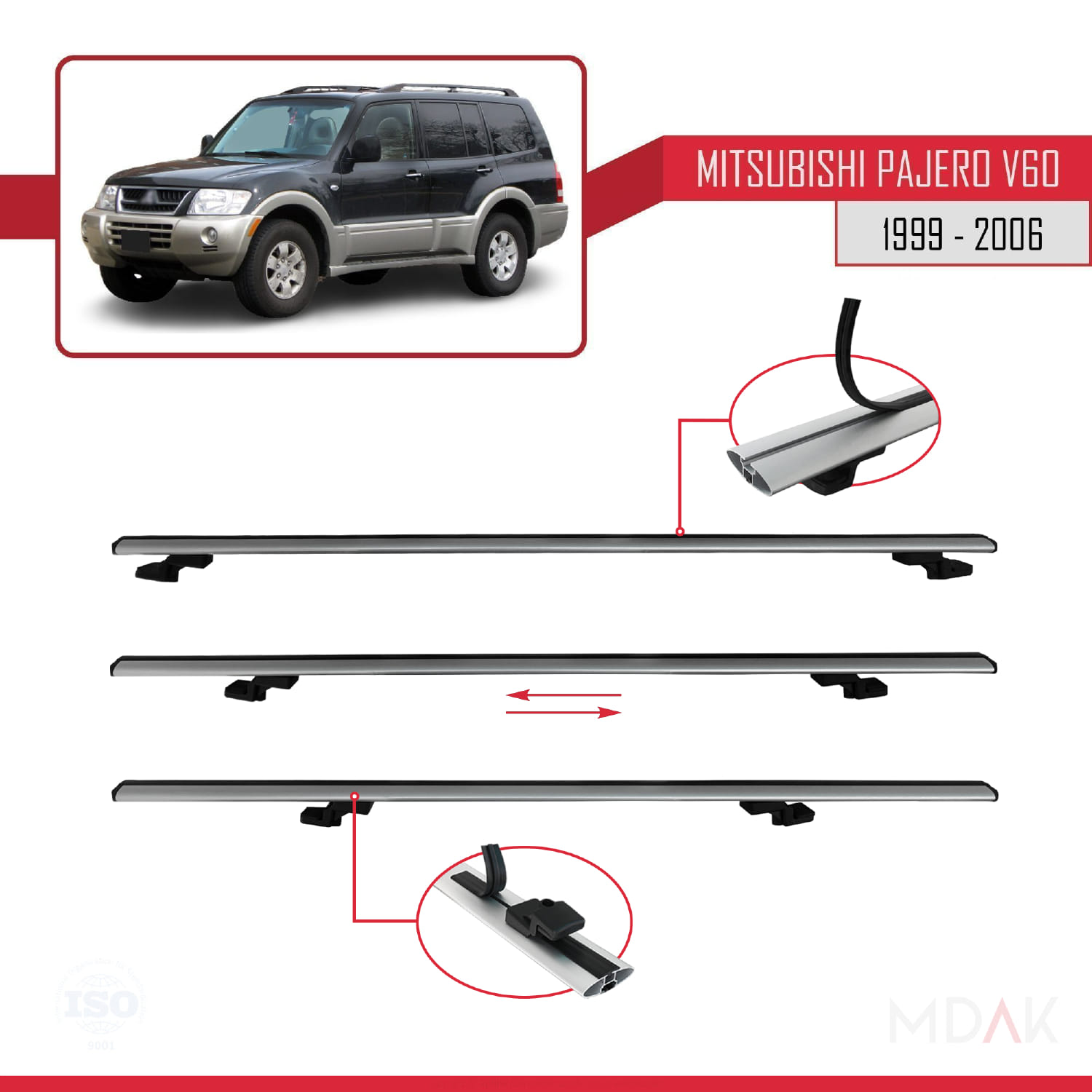 Mitsubishi Pajero (V60) 5 Kapı 1999-2006 Arası ile Uyumlu BASIC Model Ara Atkı Tavan Barı Gri 2 Adet - Görsel 5