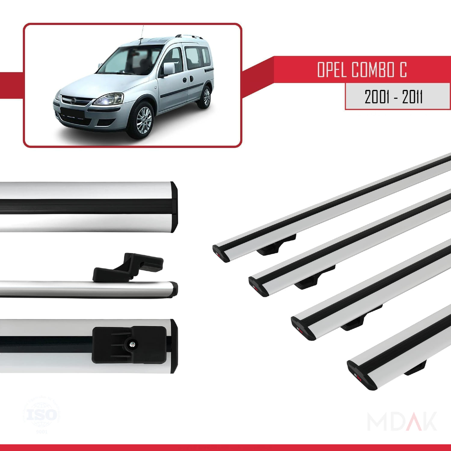 Opel Combo C 2001-2011 Arası ile Uyumlu BASIC Model Ara Atkı Tavan Barı Gri 4 Adet - Görsel 3