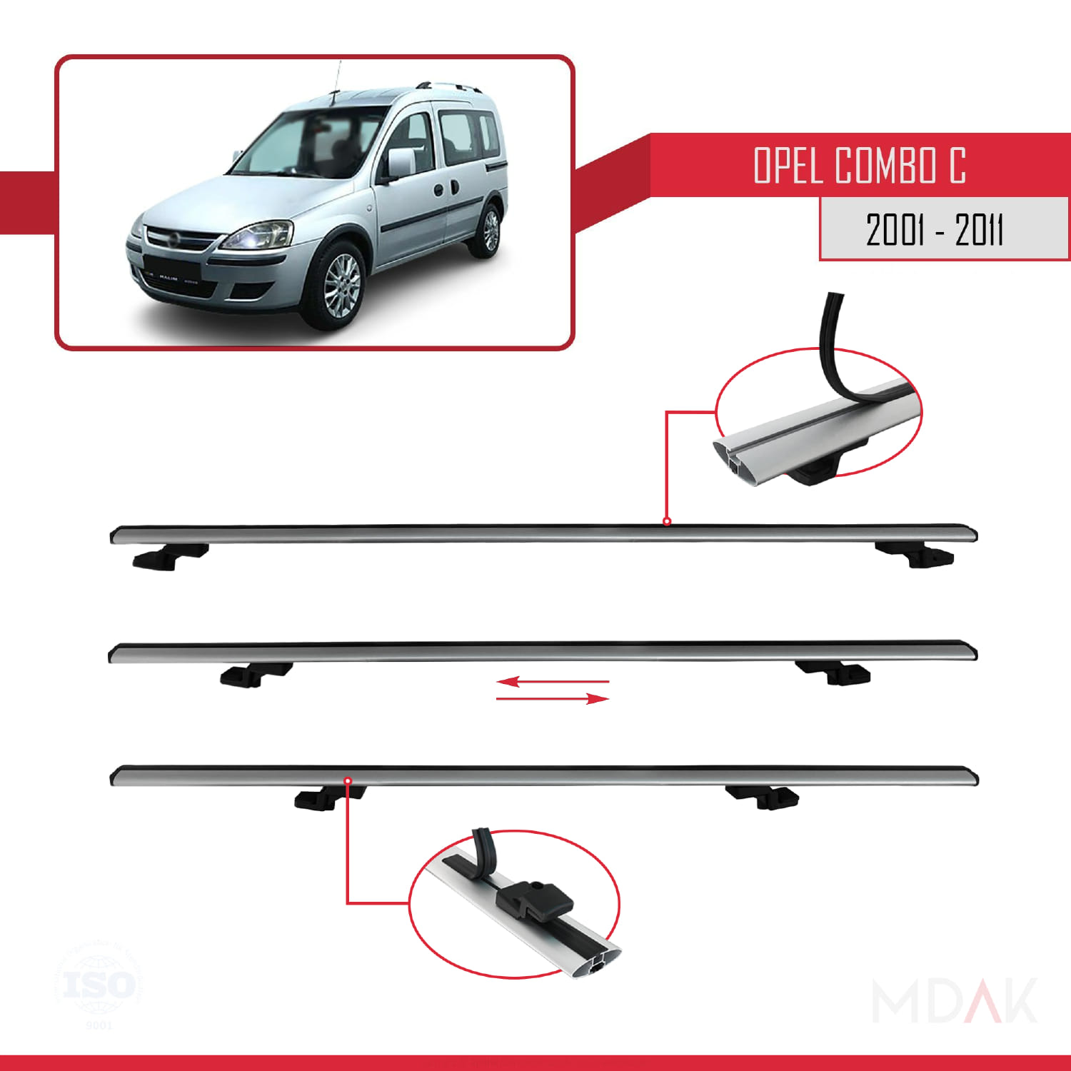 Opel Combo C 2001-2011 Arası ile Uyumlu BASIC Model Ara Atkı Tavan Barı Gri 4 Adet - Görsel 4