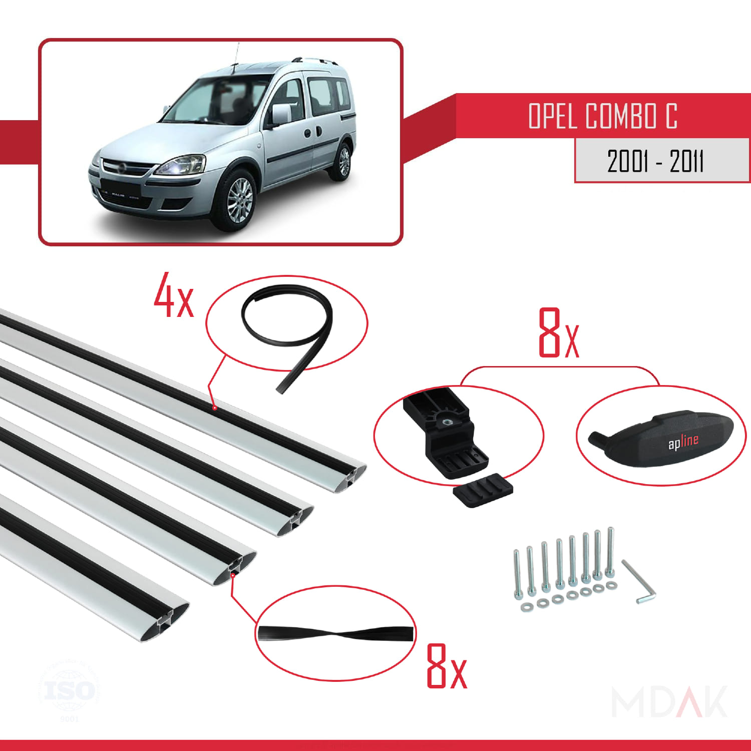 Opel Combo C 2001-2011 Arası ile Uyumlu BASIC Model Ara Atkı Tavan Barı Gri 4 Adet - Görsel 5