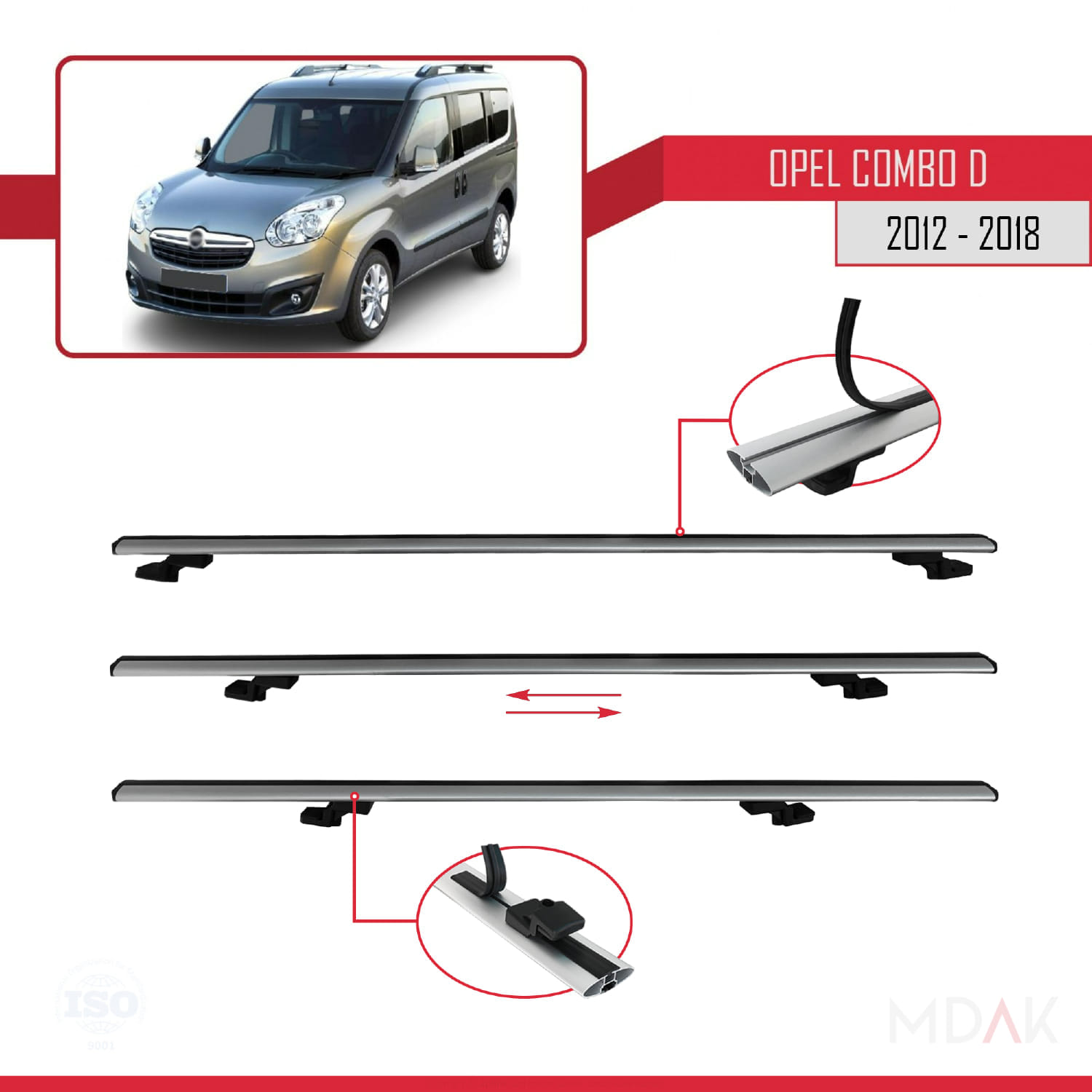 Opel Combo D 2012-2018 Arası ile Uyumlu BASIC Model Ara Atkı Tavan Barı Gri 2 Adet - Görsel 5