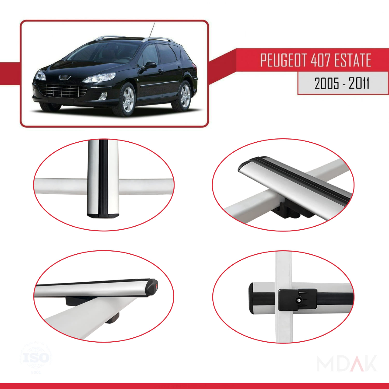 Peugeot 407 SW 2005-2011 Arası ile Uyumlu BASIC Model Ara Atkı Tavan Barı Gri 2 Adet - Görsel 4